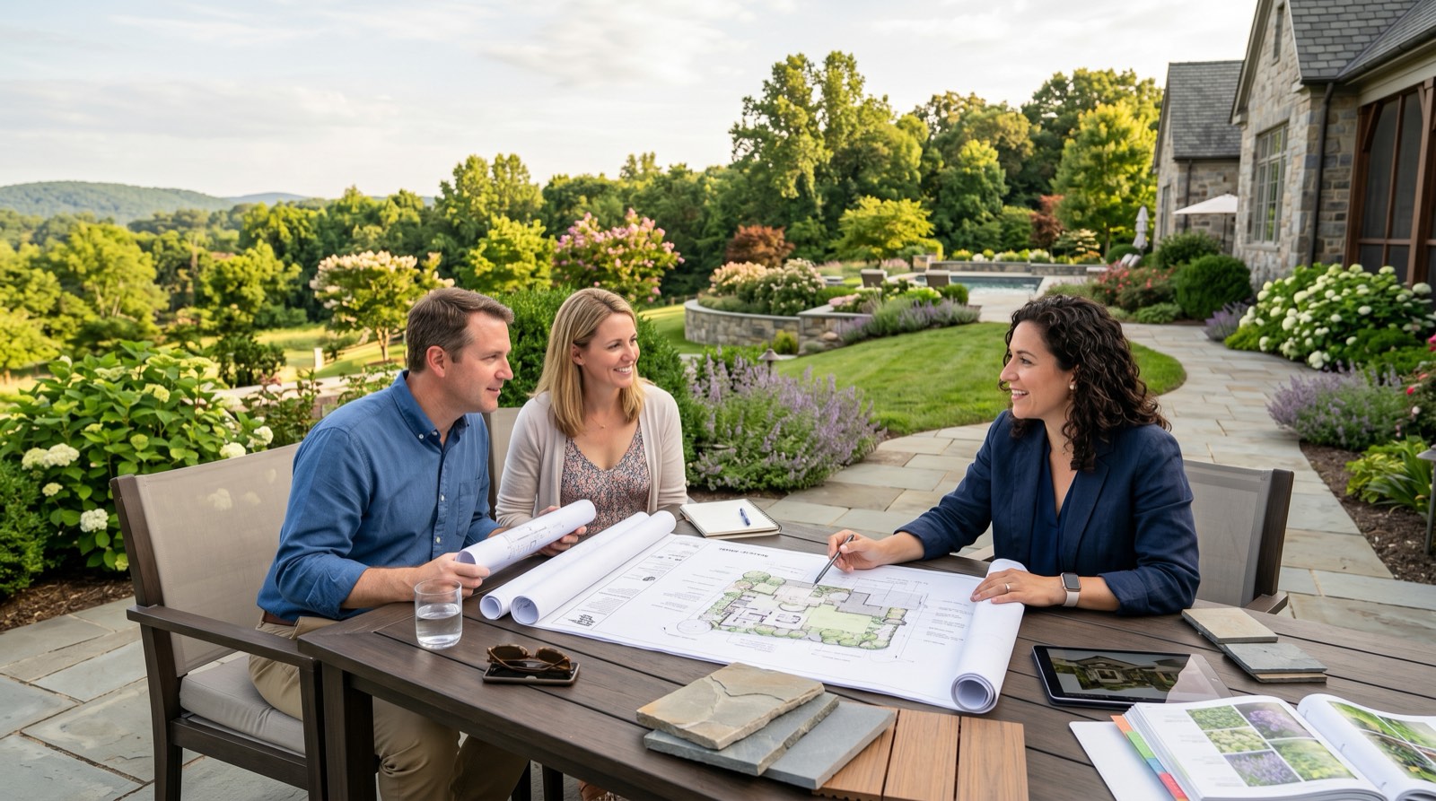 Landscape design and build consultation with plans being reviewed by homeowner and designer