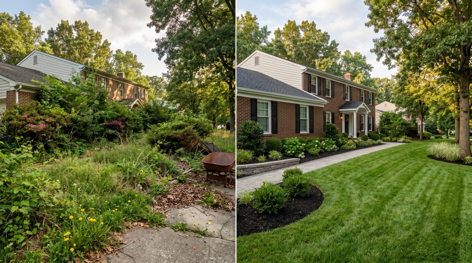 Before and after residential landscaping transformation in Northern Virginia showing overgrown yard converted to clean maintained landscape