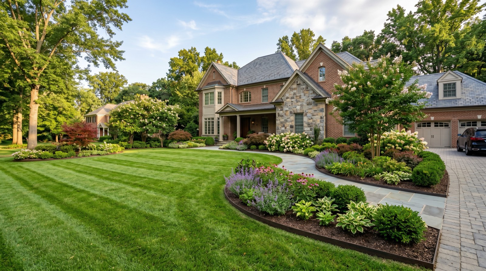 Professionally maintained residential landscape in McLean Virginia with manicured lawn and planting beds