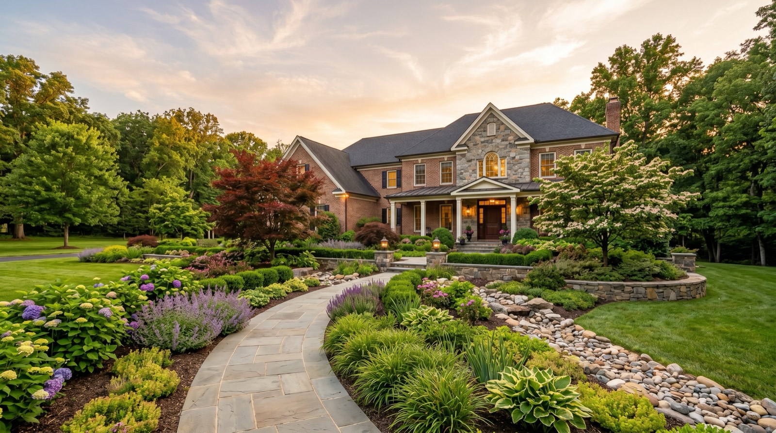 Premium landscape design services result at a Northern Virginia home with a paver walkway and layered plantings