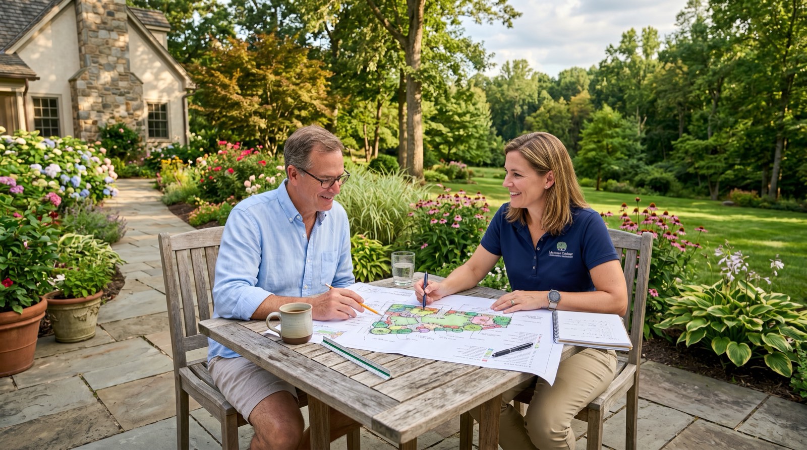 Landscape design services consultation with professional designer and homeowner reviewing plans