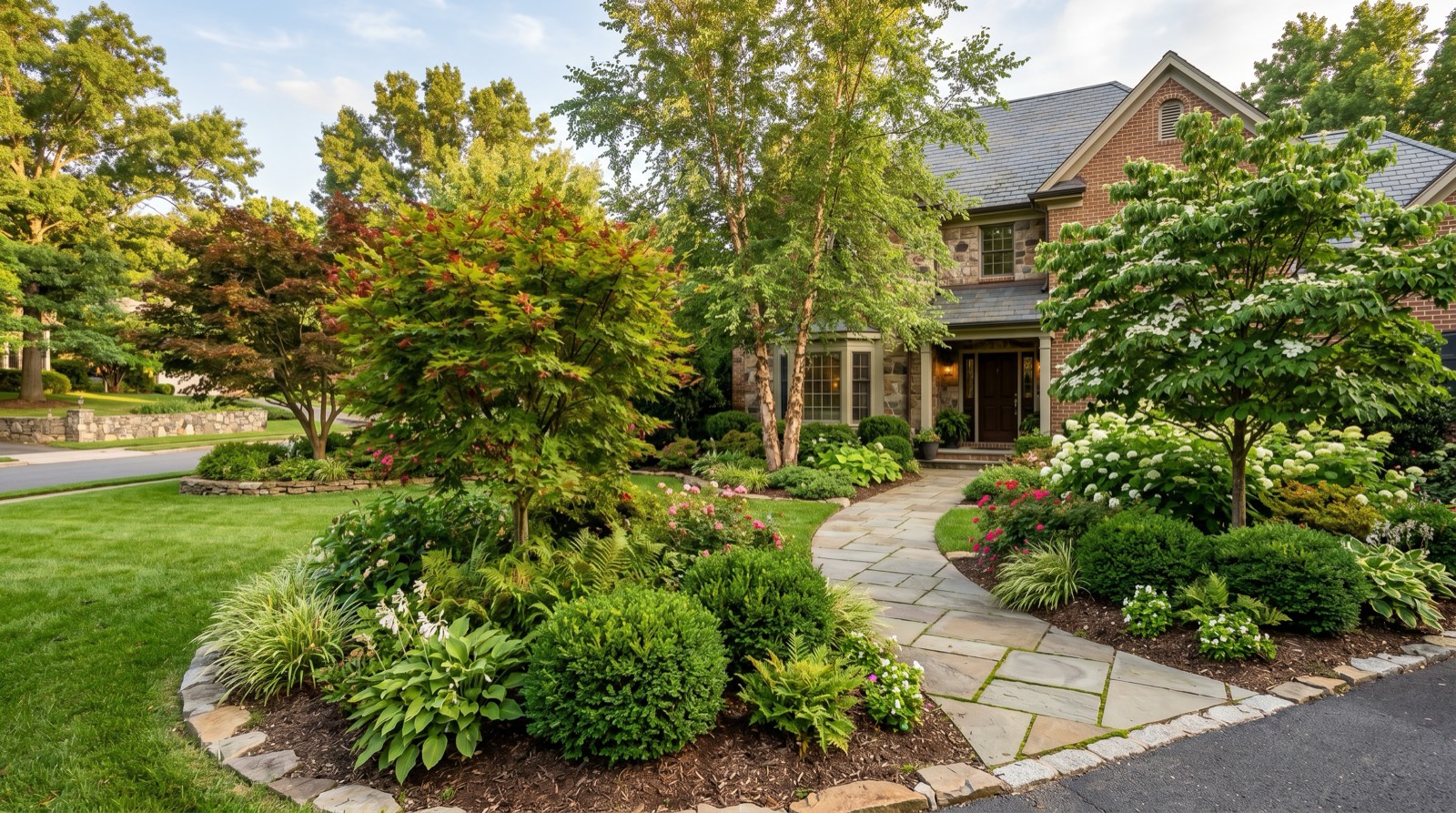 Professional landscape design services result showing Northern Virginia front yard with layered plantings and stone walkway