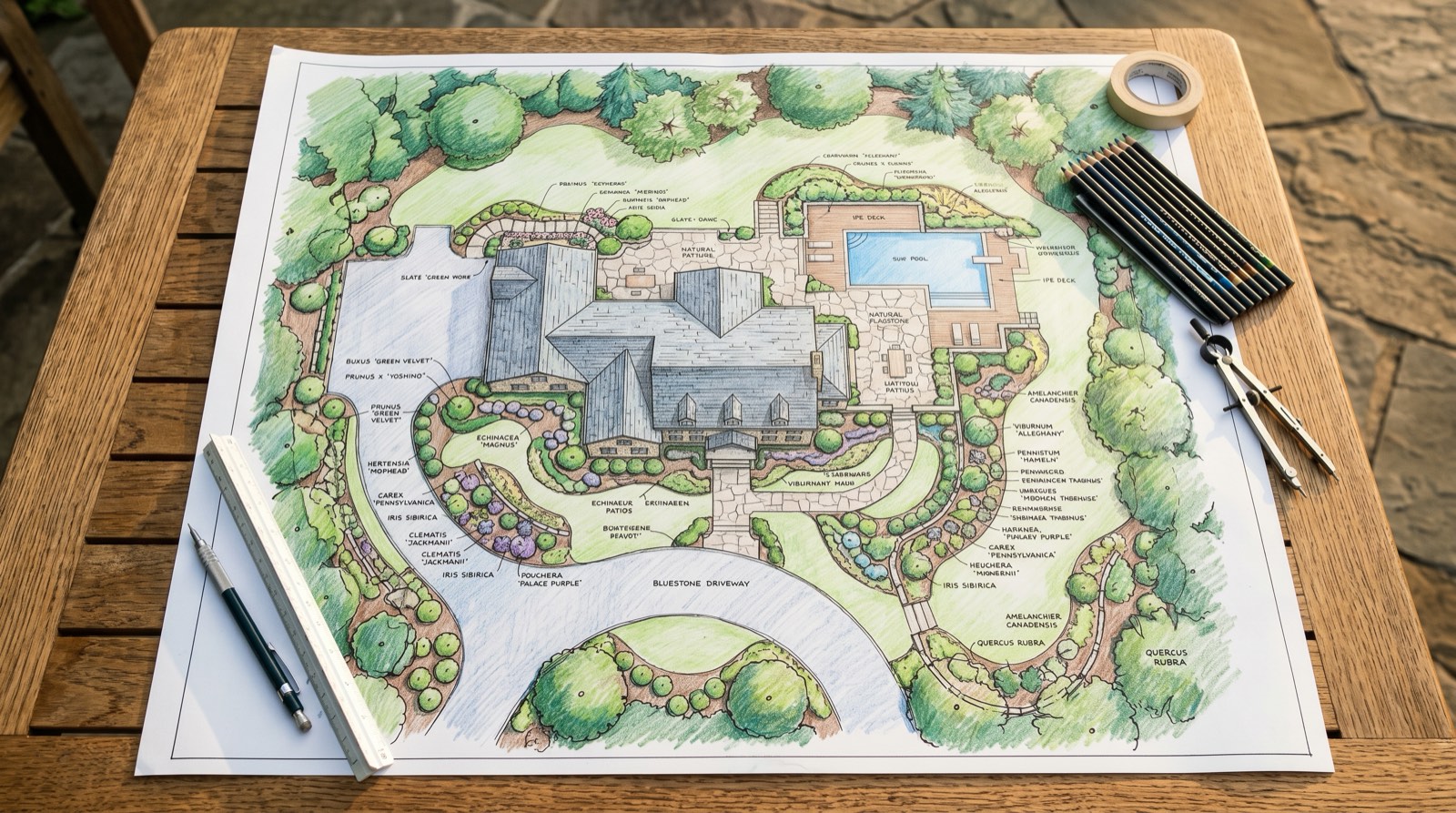 Professional landscape design planting plan with species callouts and bed layouts for Northern Virginia home