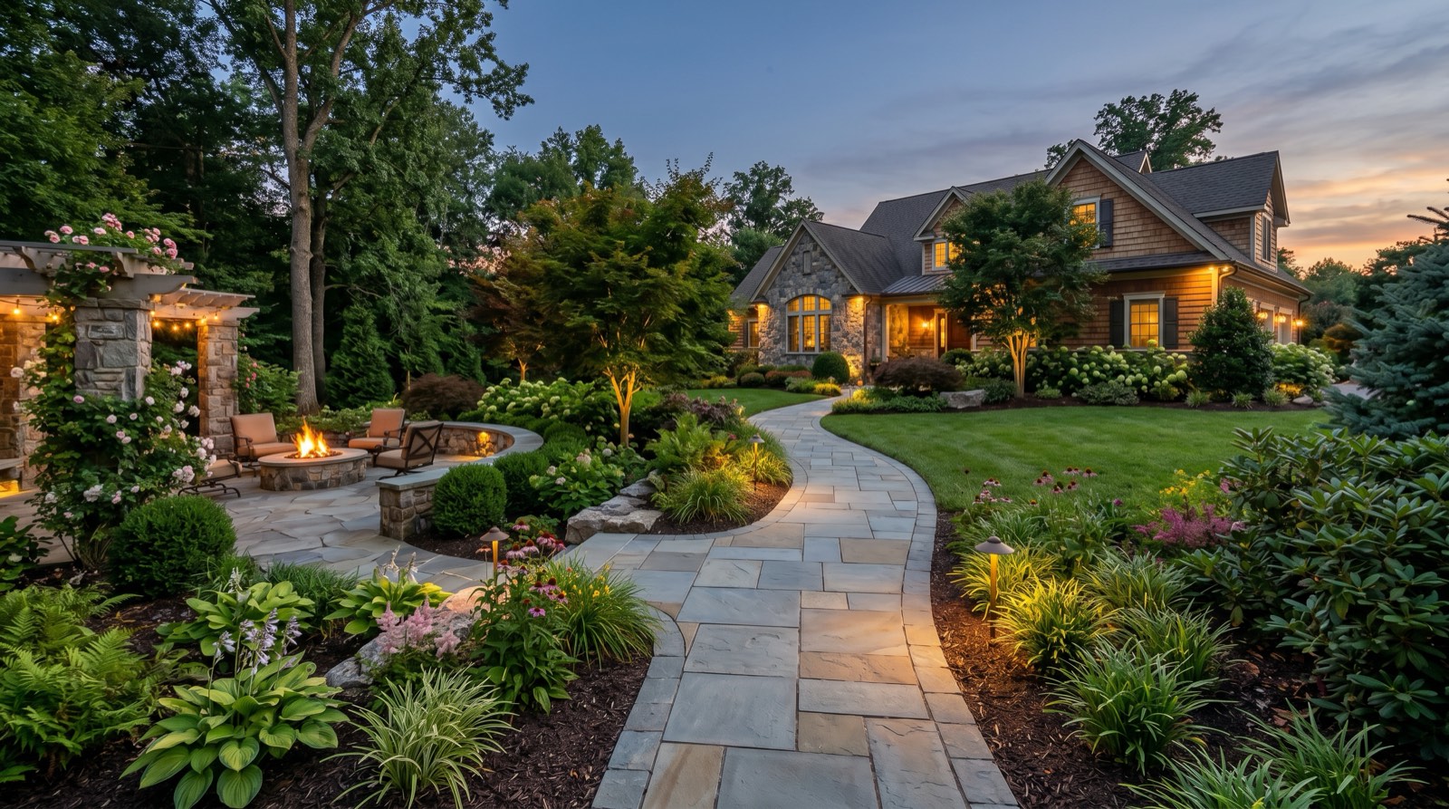 Completed landscape design services project in Northern Virginia with planting, walkway, and landscape lighting
