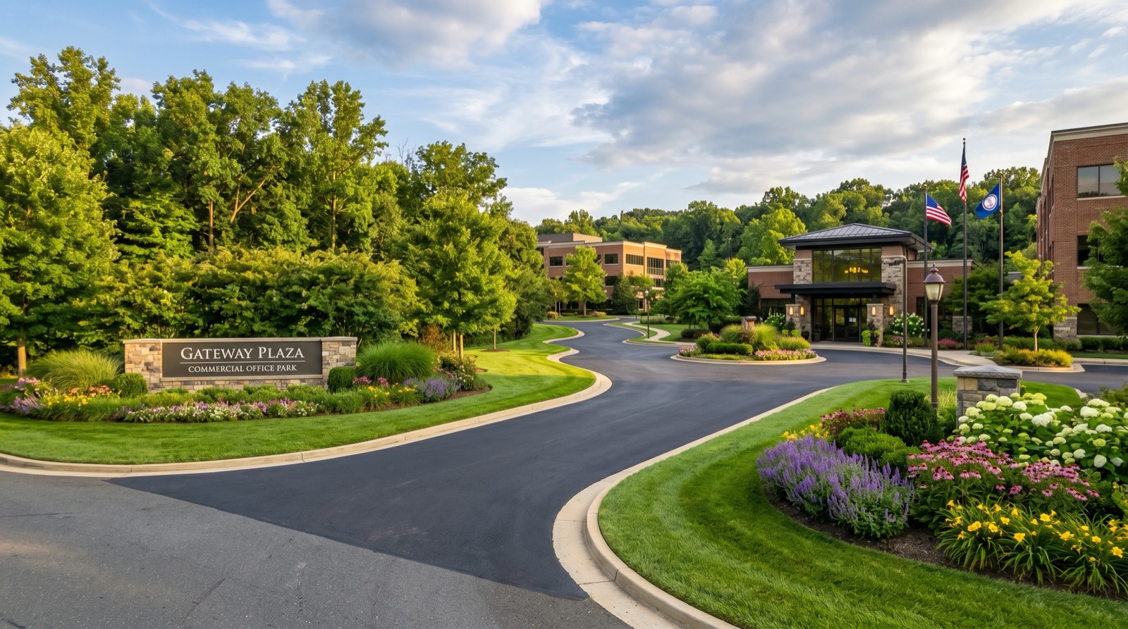 Professionally maintained commercial property entrance in Northern Virginia with seasonal plantings and manicured turf