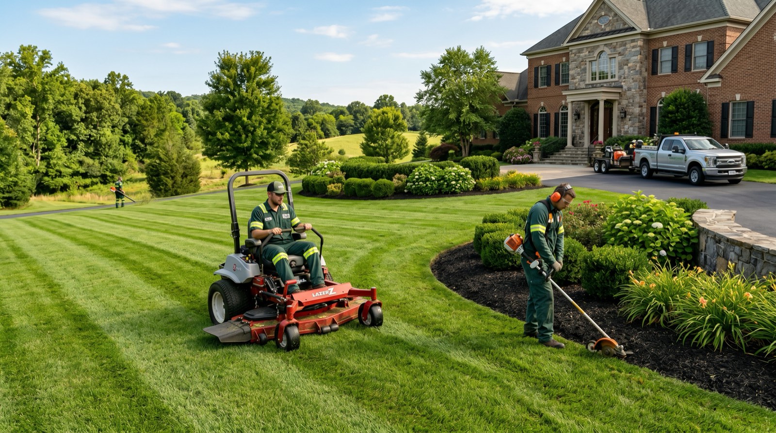 Commercial landscape maintenance crew maintaining turf and planting beds at a Northern Virginia commercial property