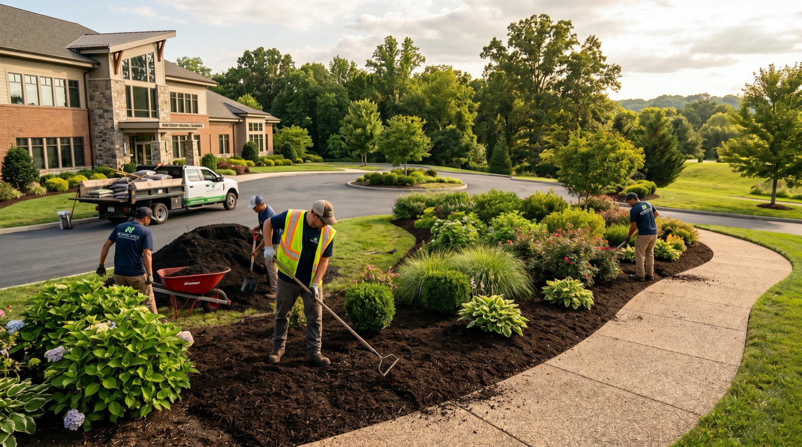 Professional landscape crew applying mulch to commercial property planting beds in Northern Virginia
