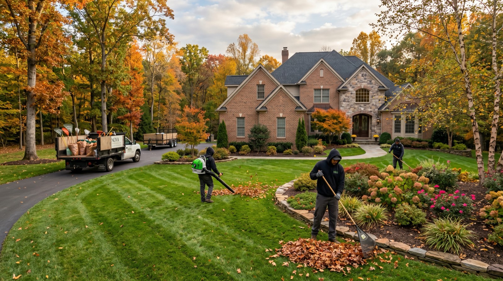 Landscape maintenance crew performing fall cleanup on Northern Virginia residential property