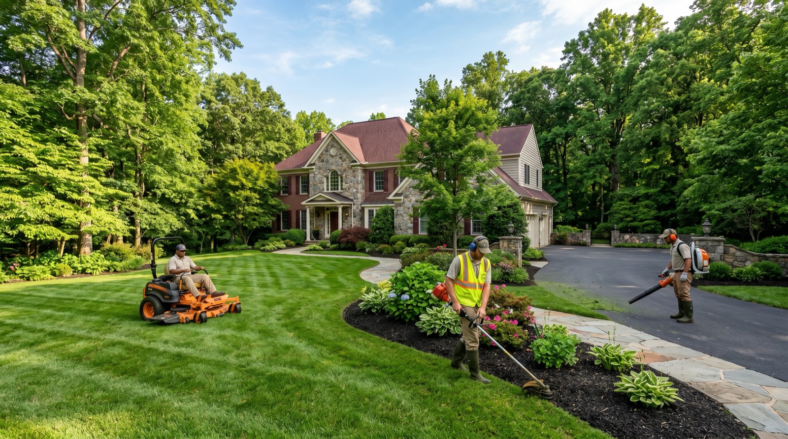 Professional landscape maintenance crew mowing and edging Northern Virginia residential property