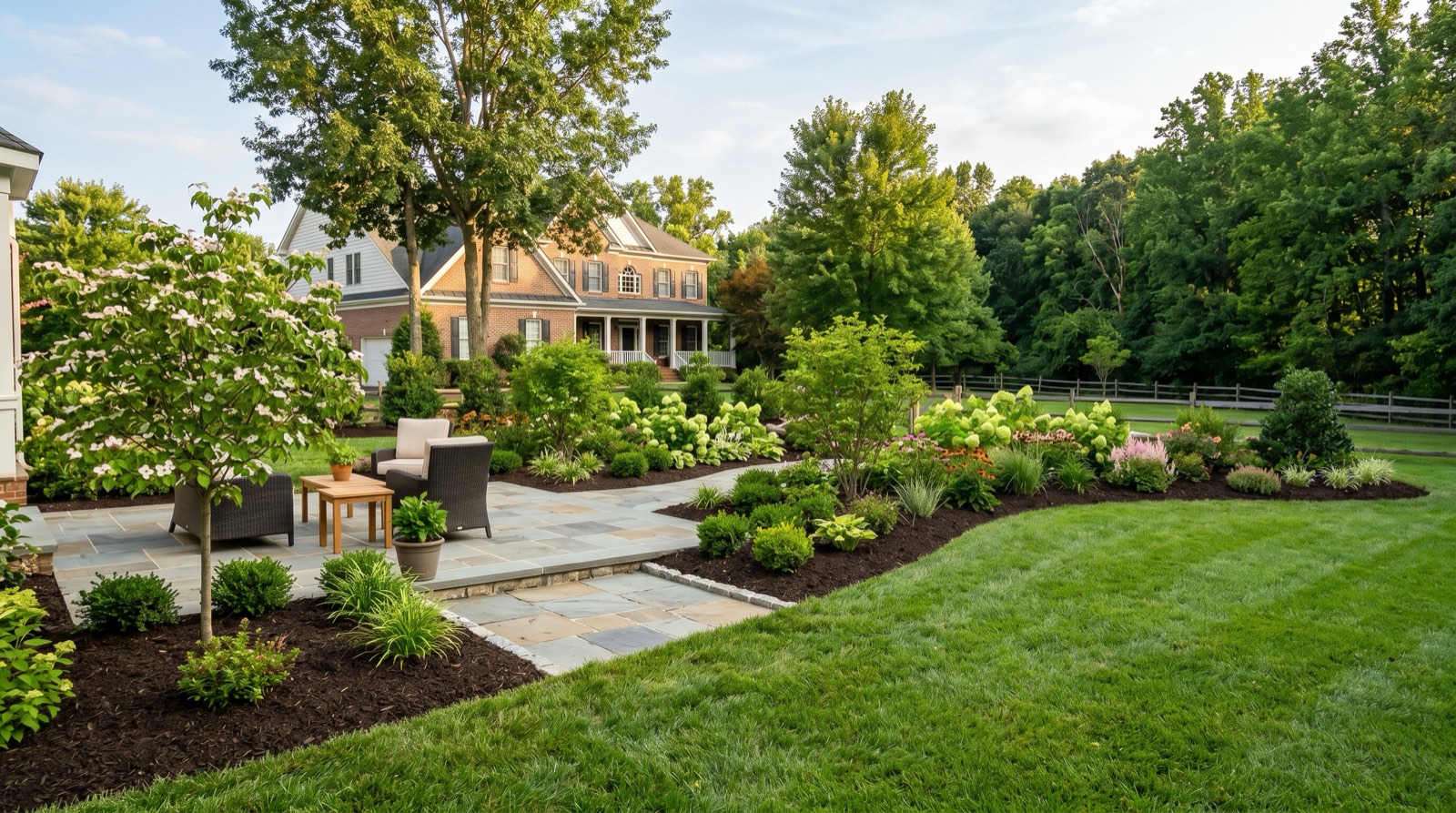 Newly installed Northern Virginia landscape with planting beds and a stone patio beside an established lawn