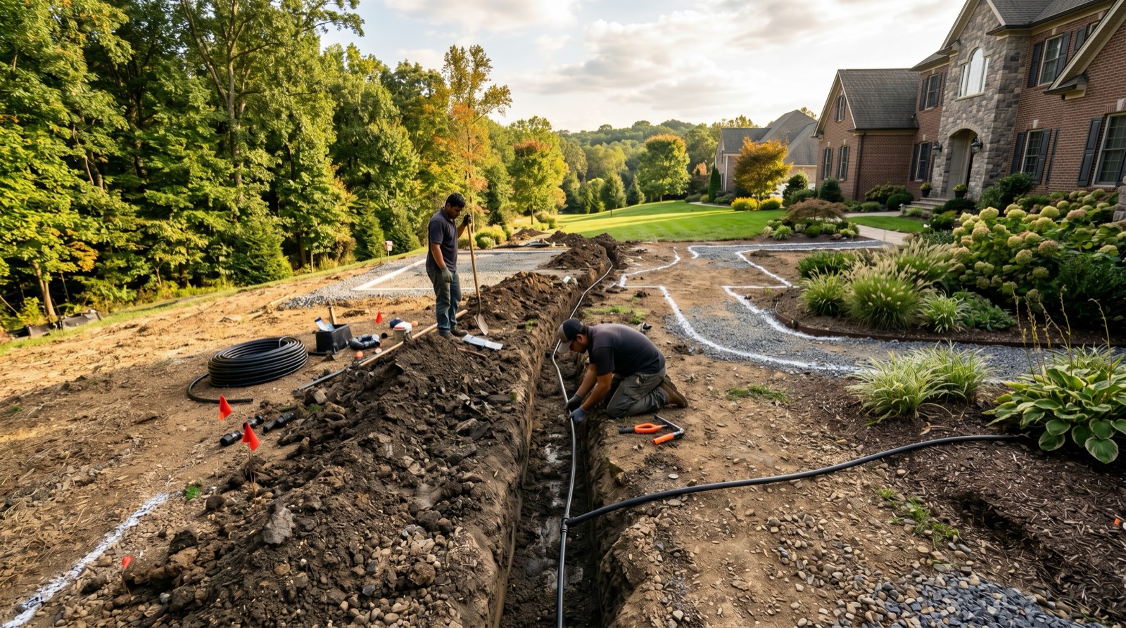 Irrigation system installation in Northern Virginia backyard during landscape installation before paving