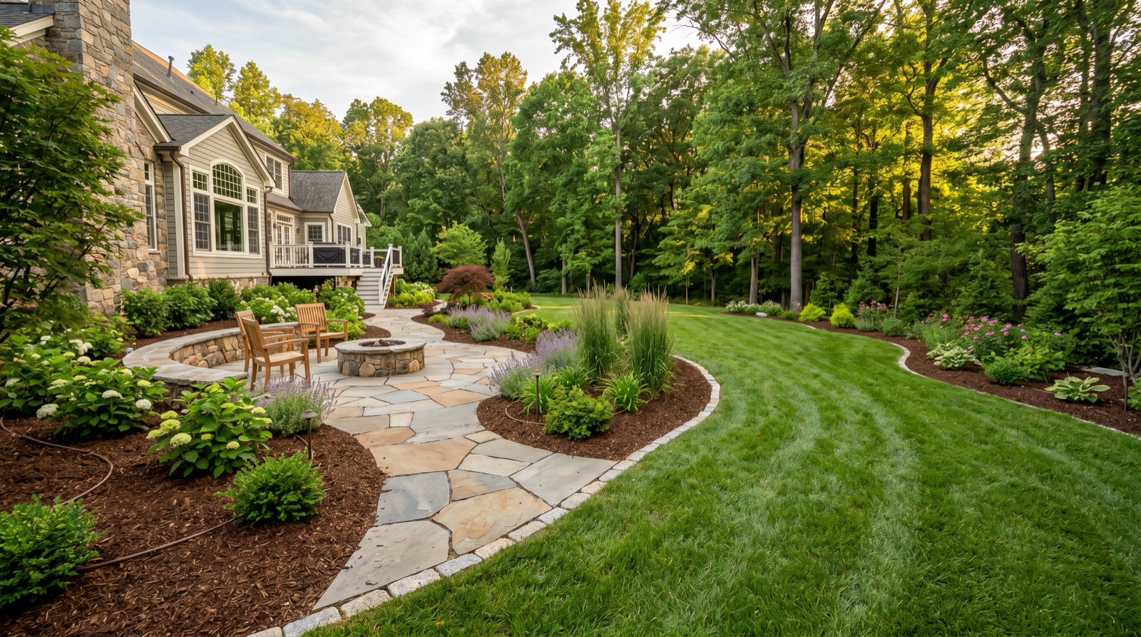 Newly installed landscape in Northern Virginia with fresh plantings, mulch, and stone patio
