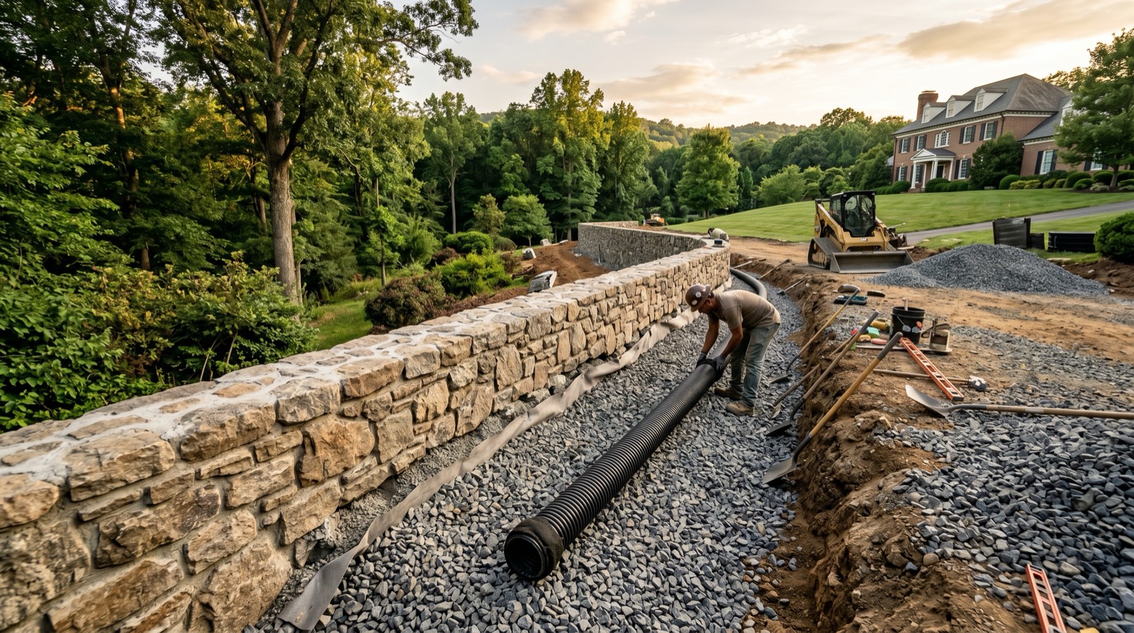 Retaining wall construction in Northern Virginia showing drainage aggregate and perforated drain pipe installation behind wall