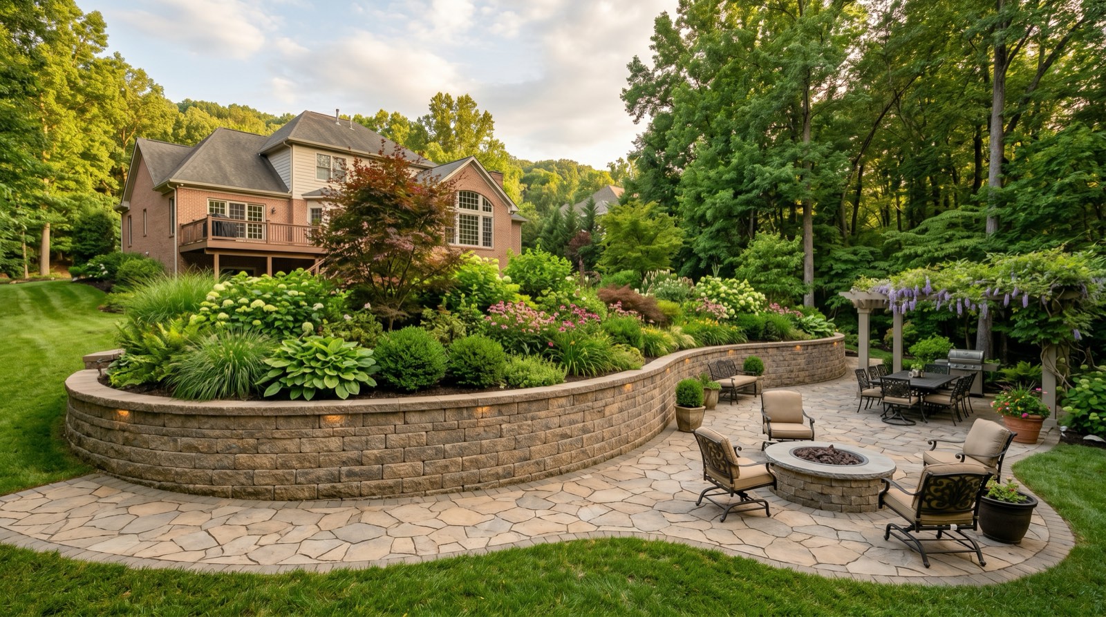 Engineered concrete block retaining wall with paver patio in Northern Virginia residential backyard