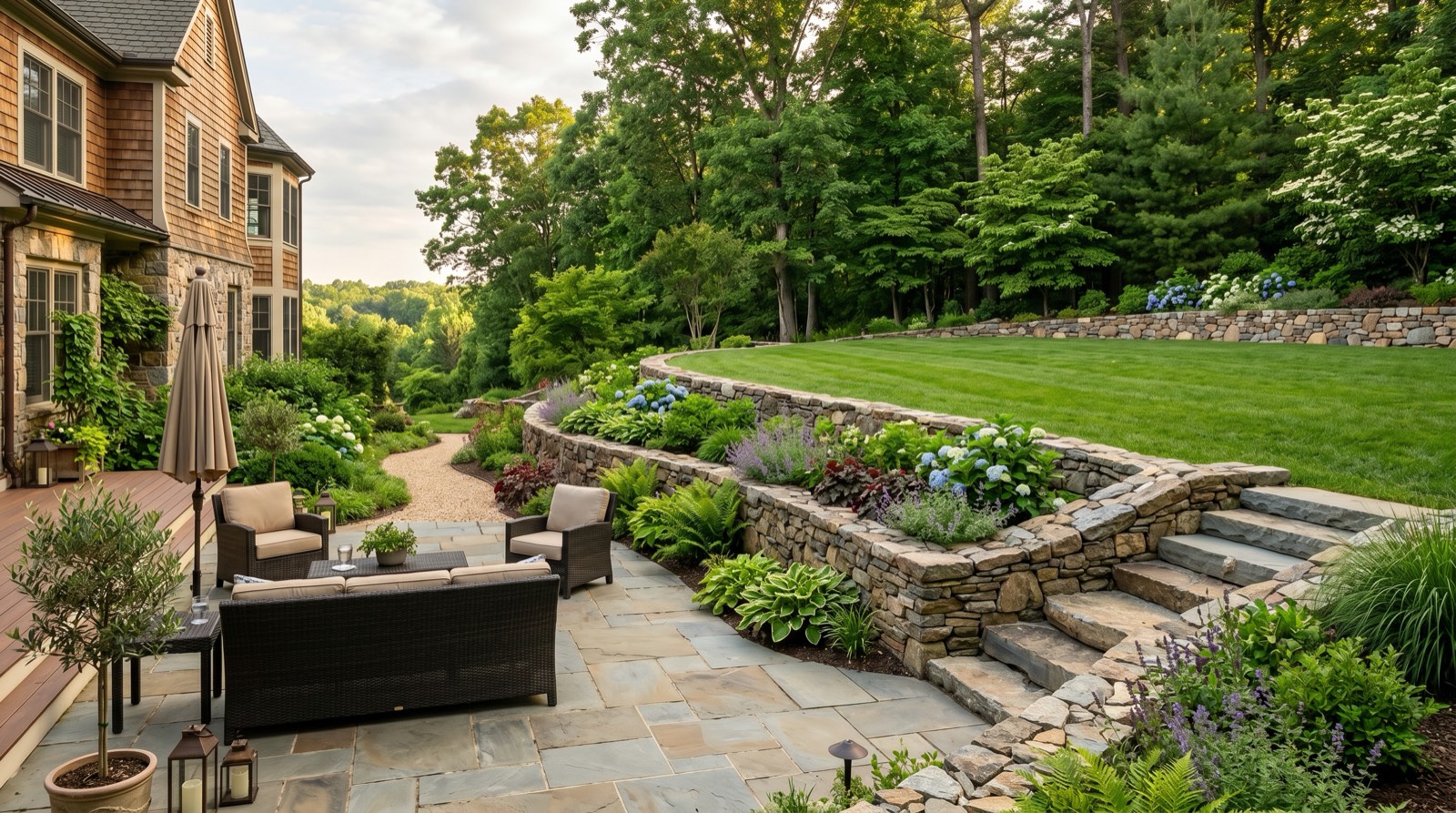 Natural stone retaining wall in Northern Virginia backyard creating terraced levels with patio below and lawn above
