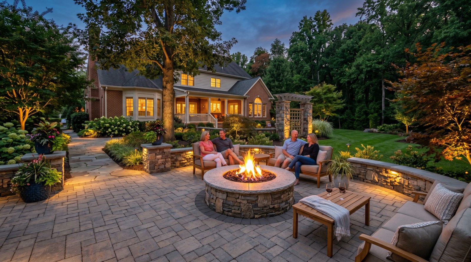 Northern Virginia outdoor living space with a built-in fire pit installation and warm lighting at dusk