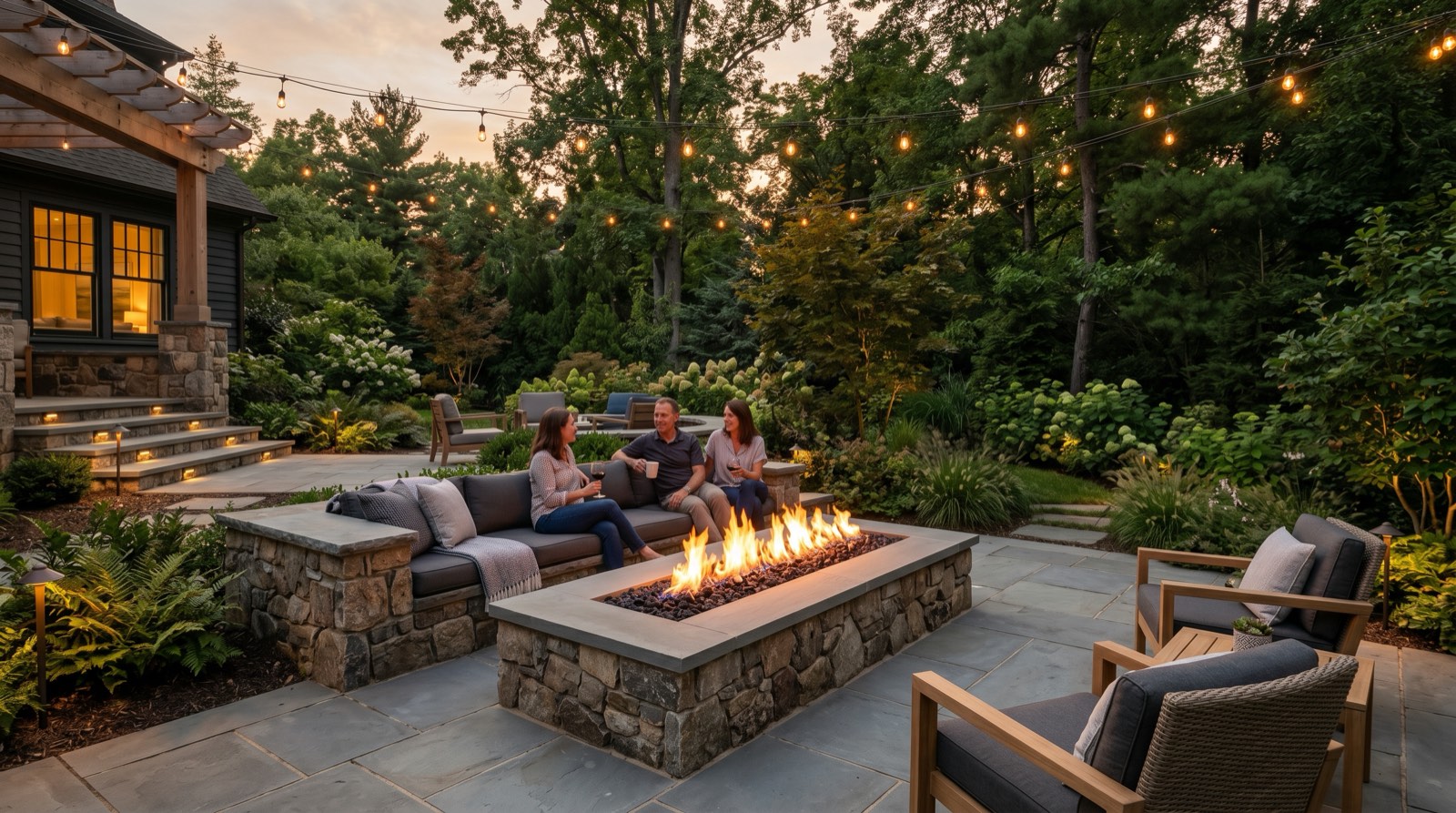 Built-in linear gas fire pit with stone surround and seat walls in a Northern Virginia backyard patio at evening