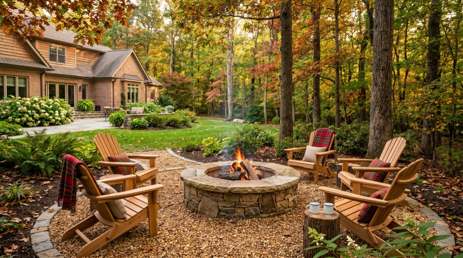 Circular wood-burning fire pit with natural stone surround in wooded Northern Virginia backyard seating area