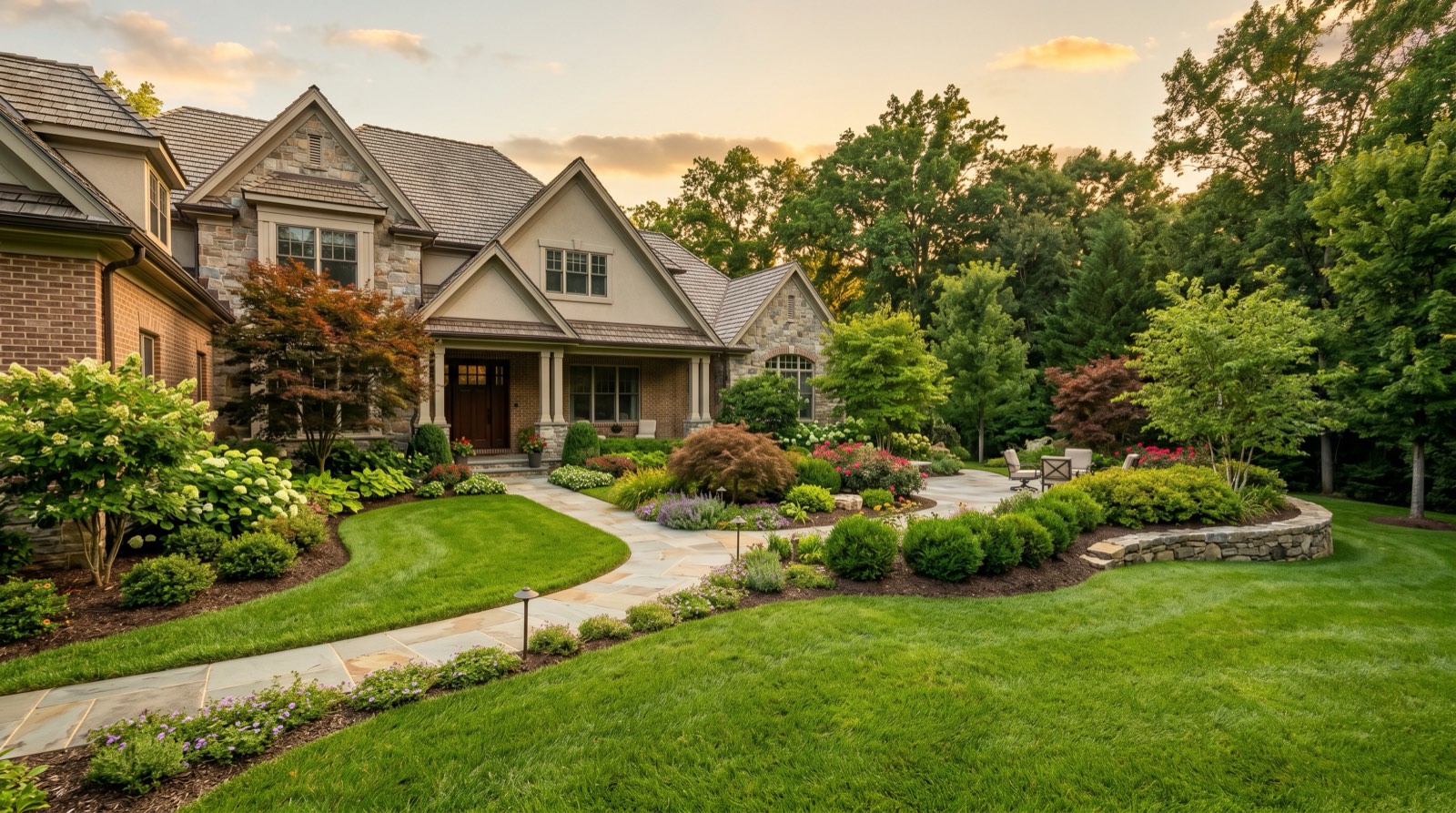 Completed landscape design near me project at a Northern Virginia home with a stone walkway and layered plantings