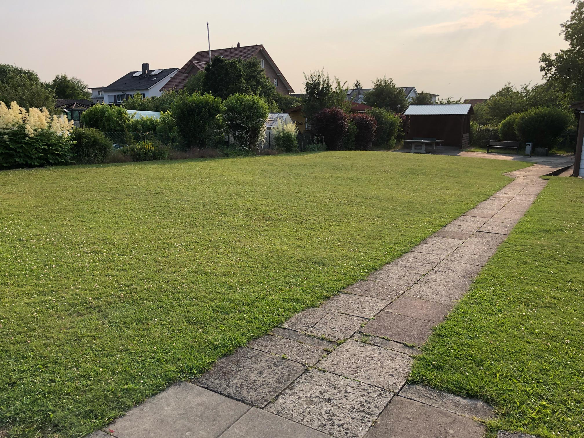große Wiese des Vereinsplatzes mit einem gepflasterten Weg der zum Vereinshaus führt und zur Tischtennisplatte