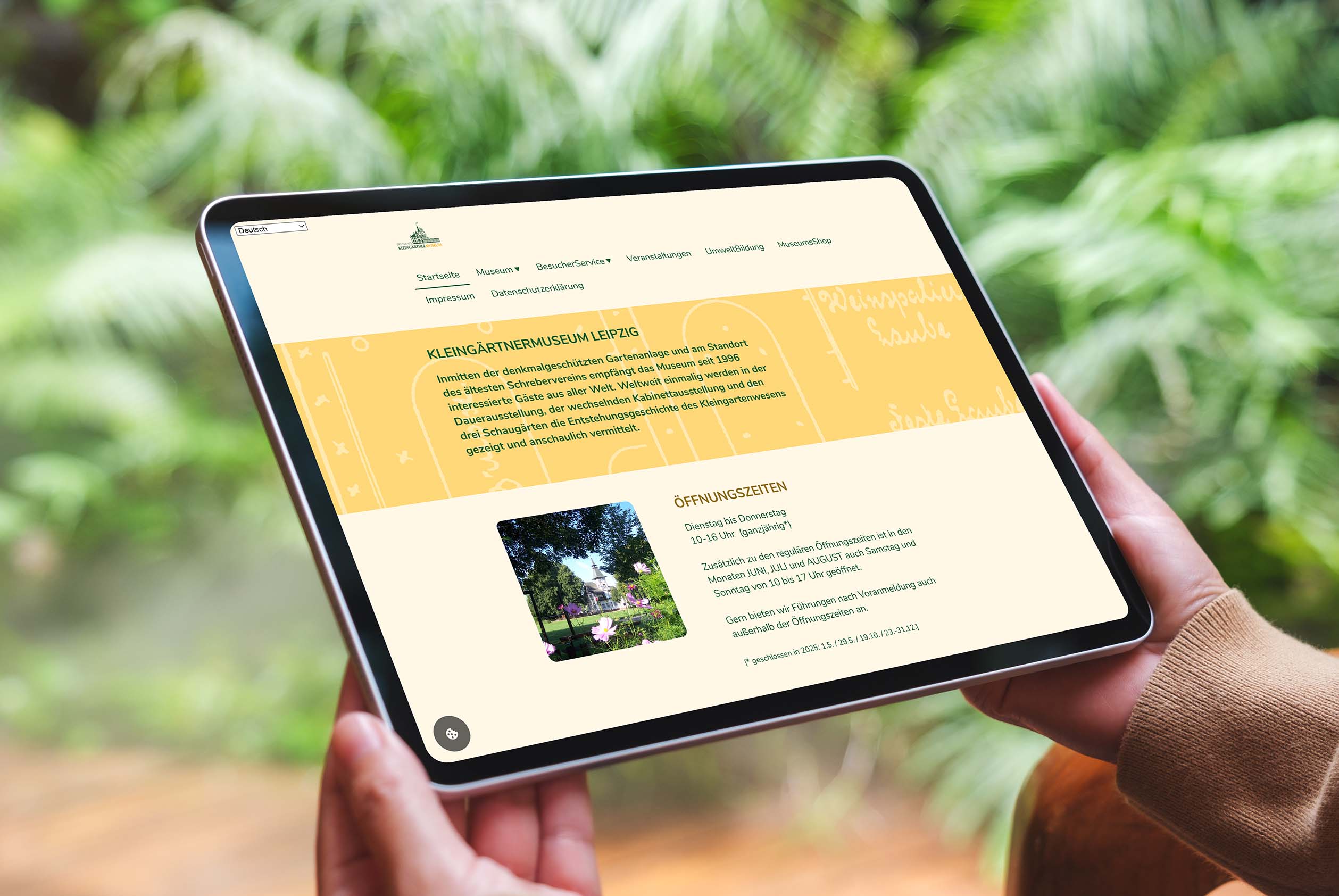 mockup eines Tablets mit der Ansicht der Website vom Kleingärtnermuseum Leipzig