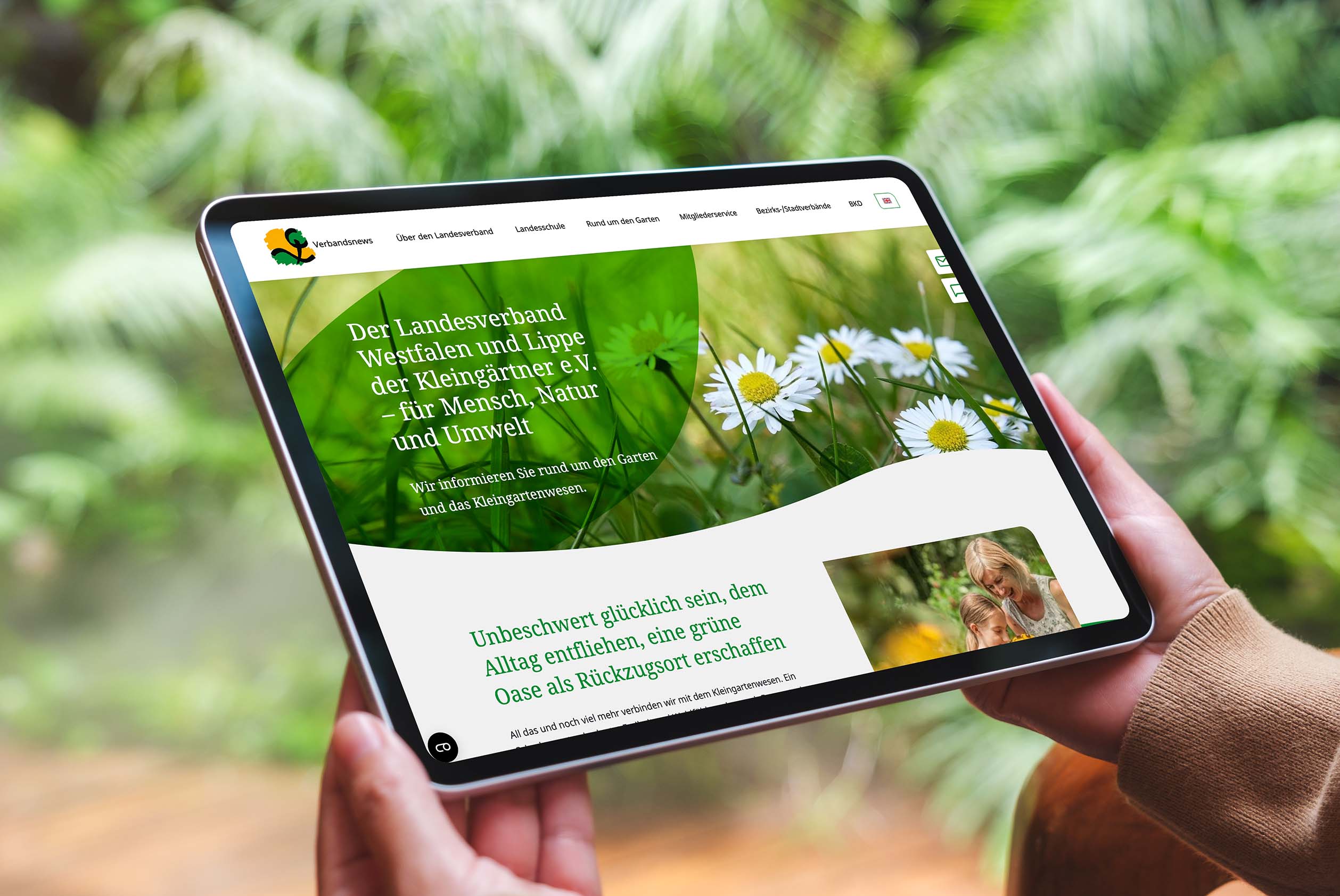 mockup eines Tablets mit der Ansicht der Website vom Der Landesverband Westfalen und Lippe der Kleingärtner e.V.