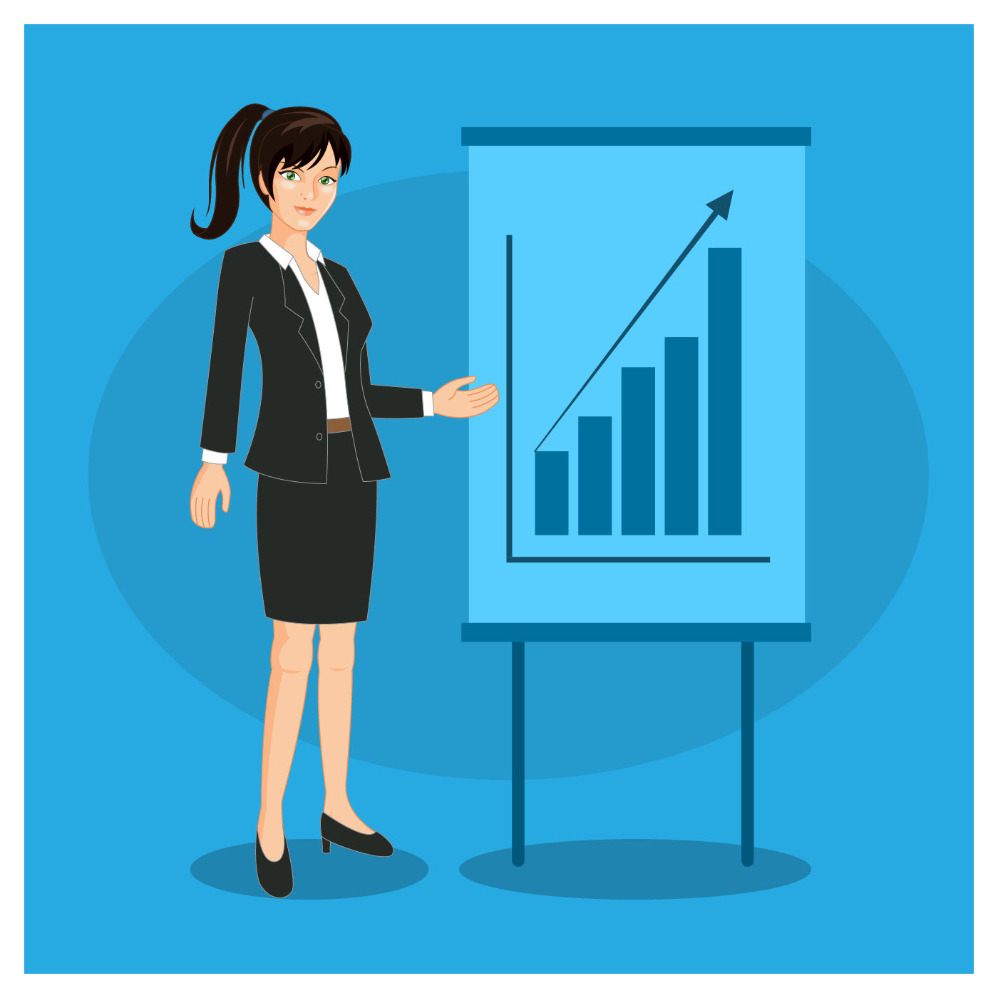 A woman in a business suit pointing to a chart.