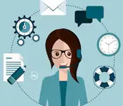 A woman with a headset and various icons surrounding her.