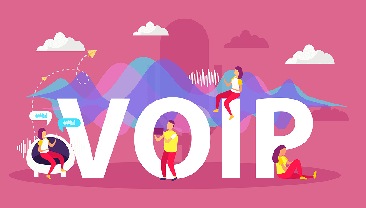 A group of people standing around the word voip.