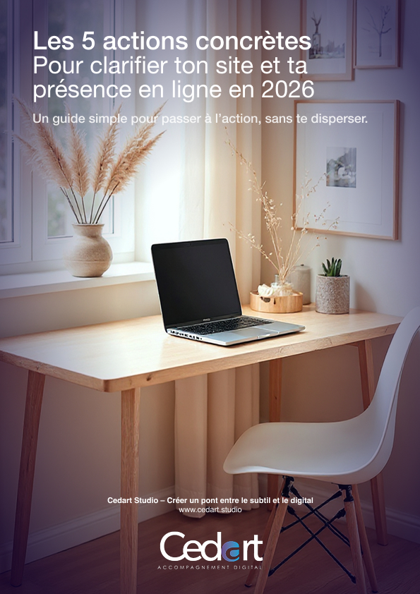 Couverture du guide “Les 5 actions concrètes pour clarifier son site”, avec un bureau minimal et lumineux symbolisant l’organisation et le passage à l’action.