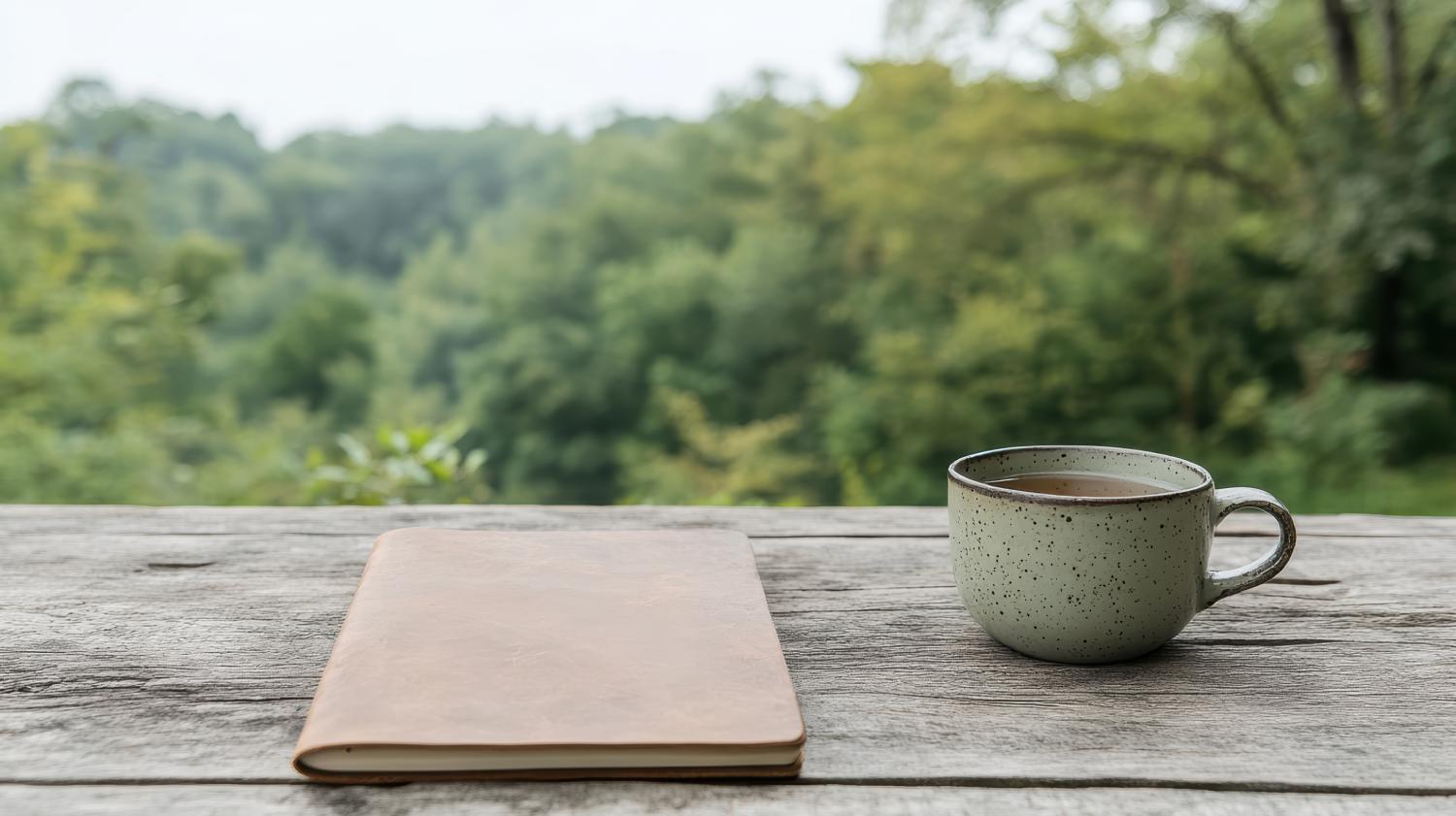 Carnet en cuir et tasse de thé posés sur une table en bois, face à un paysage naturel apaisant, symbole de pause, de réflexion et de clarté intérieure.