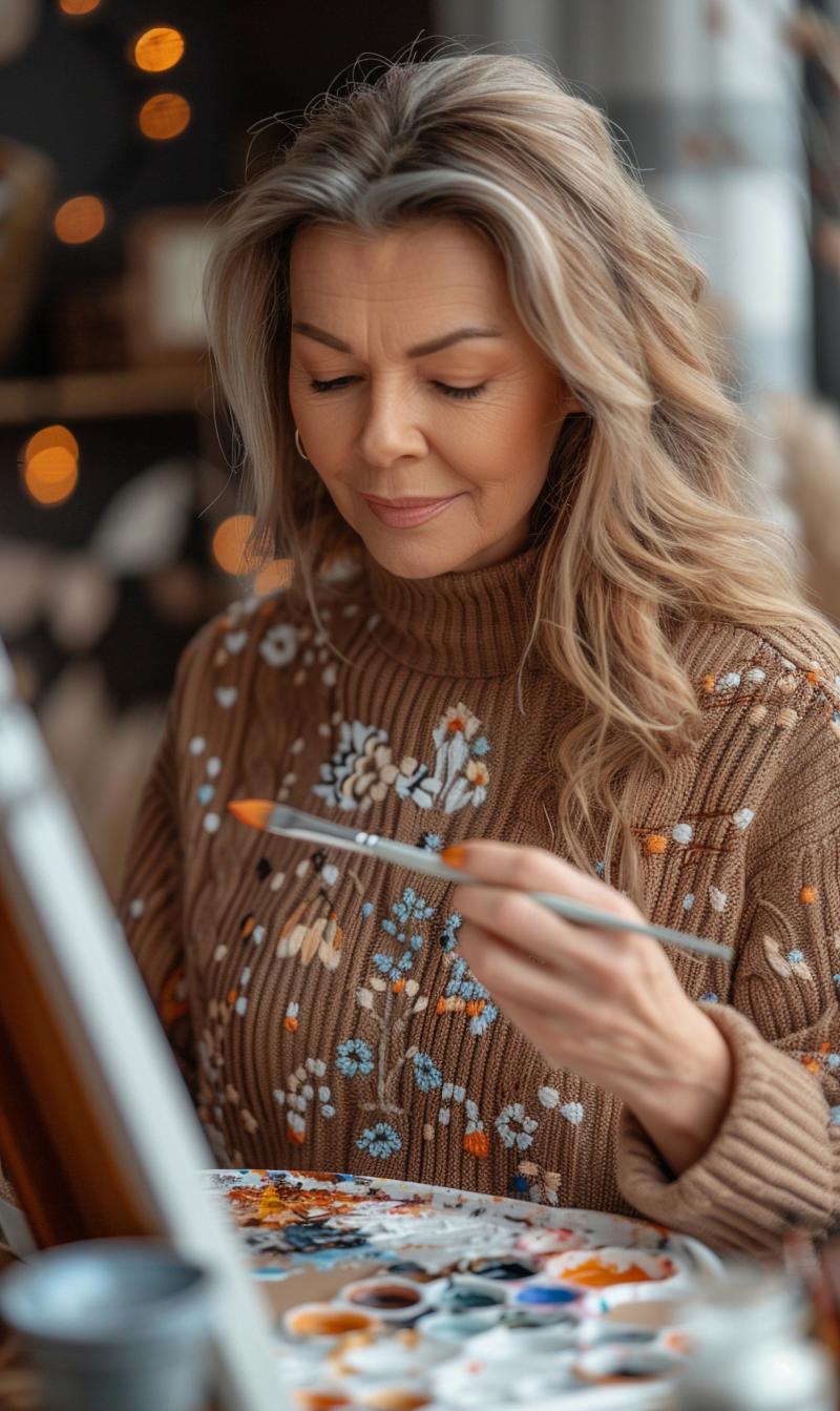 Femme concentrée peignant sur une toile, dans une atmosphère chaleureuse et apaisante, symbolisant la créativité, l’introspection et la clarification personnelle.