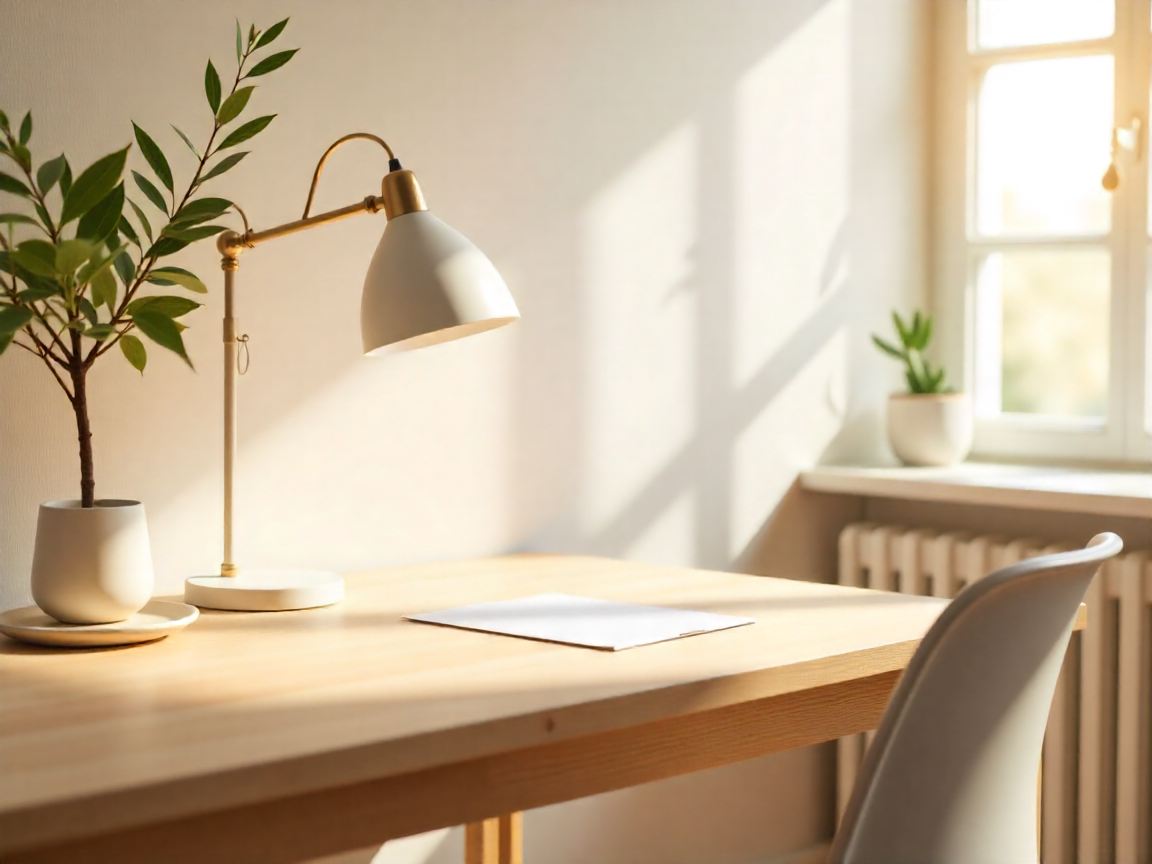 Bureau en bois clair baigné de lumière naturelle, avec une lampe blanche et dorée, une plante verte en pot et une feuille posée sur la table, dans une ambiance minimaliste et apaisante.