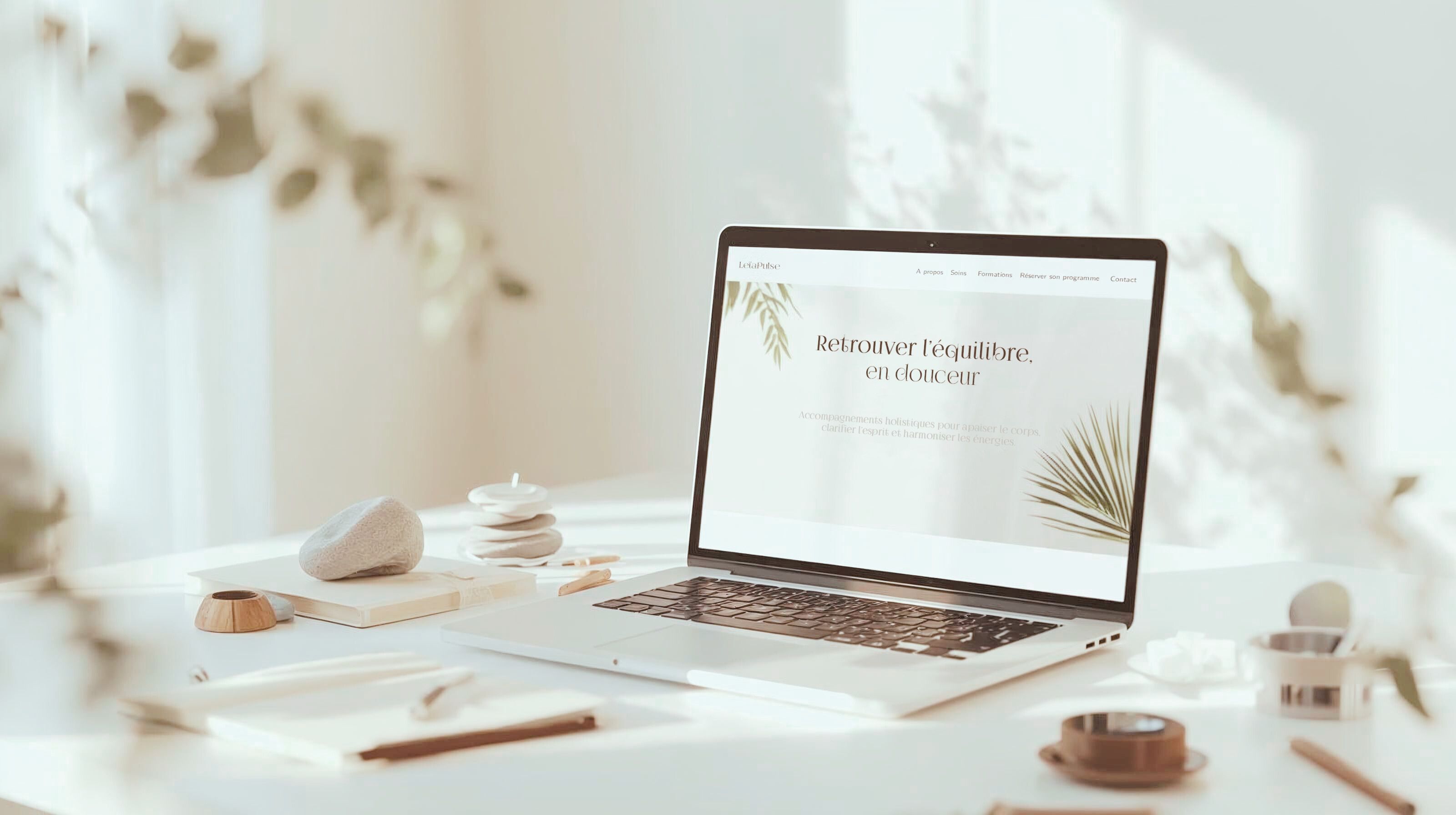 Bureau lumineux et minimaliste avec ordinateur portable affichant un site internet au design épuré, entouré de plantes et d’objets naturels, illustrant la création de sites web pour thérapeutes et praticiens du bien-être.