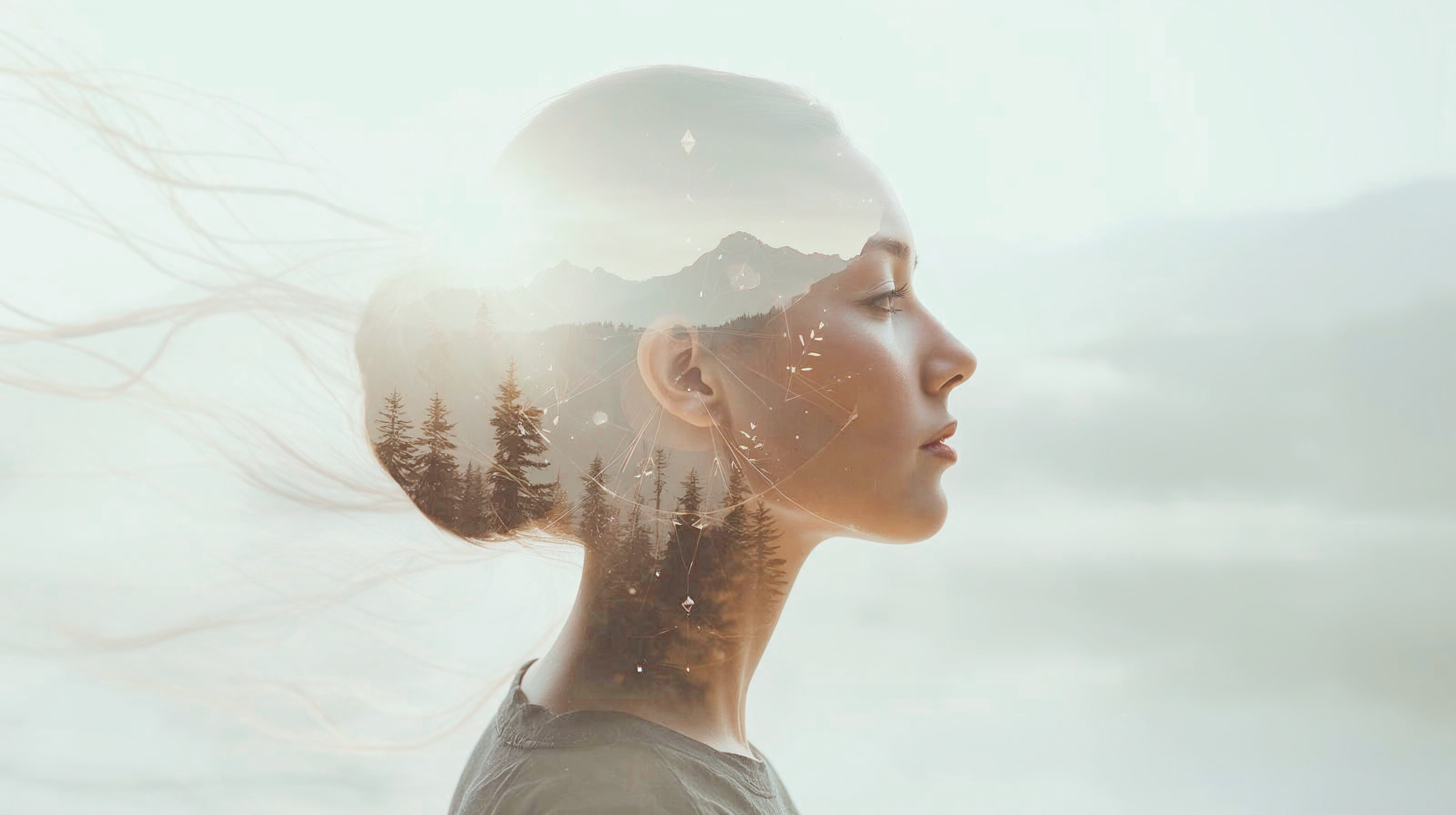 Profile d'un visage féminin en surrimpression avec un paysage