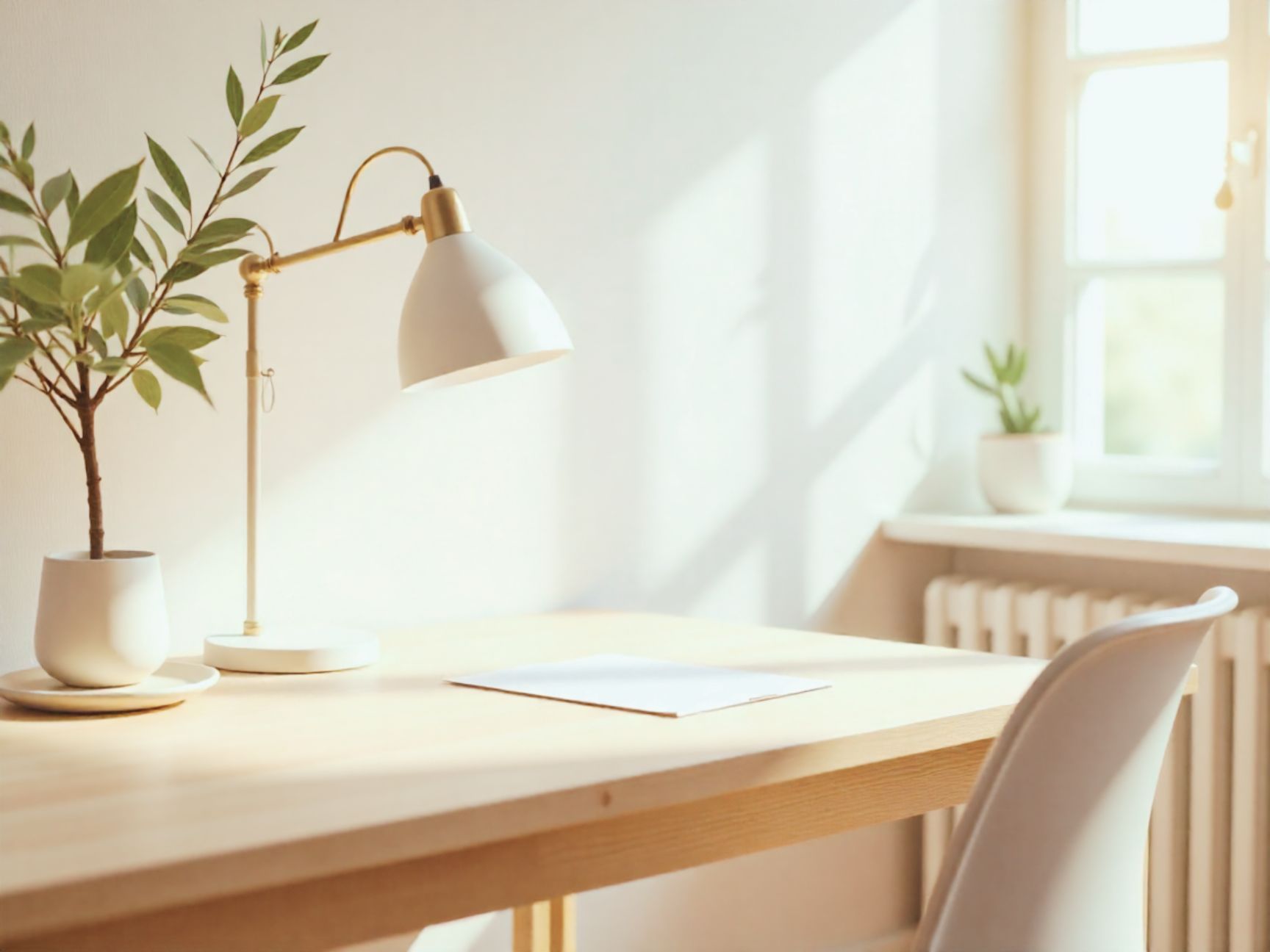 Bureau lumineux et épuré avec une table en bois, une lampe et une plante, évoquant un espace calme propice à la réflexion et à la clarification.
