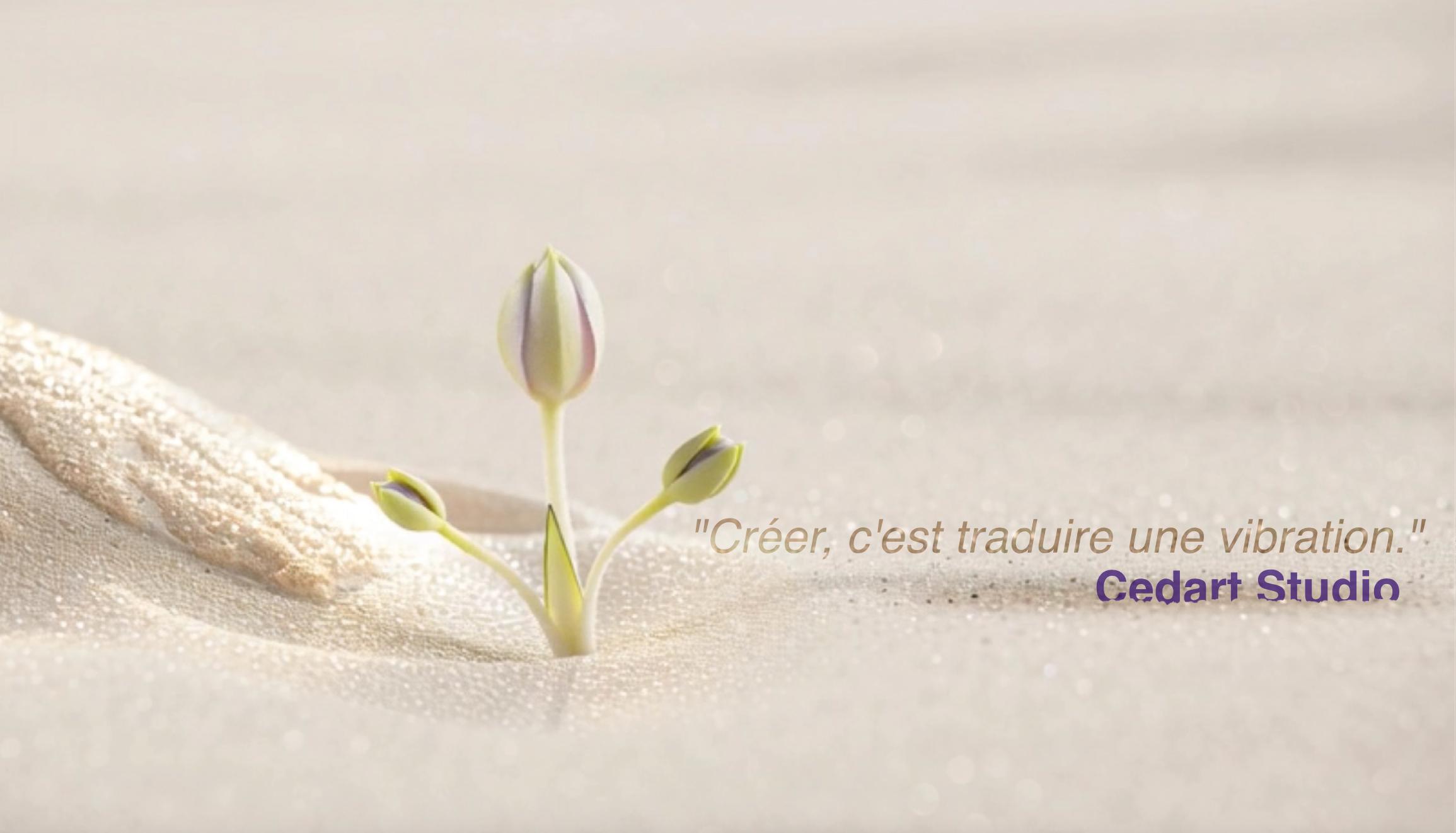 Trois tiges en bouton émergent du sable clair, symbolisant une croissance intérieure lente et silencieuse sous une lumière douce.