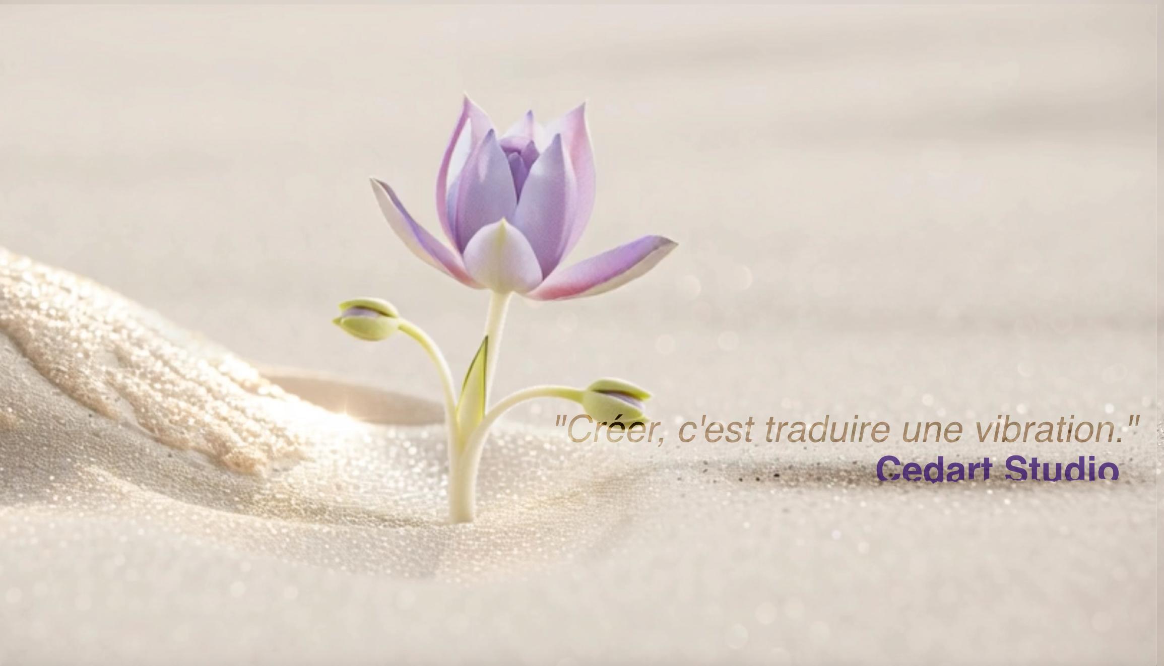Fleur lumineuse violette éclose dans le sable, évoquant la rencontre, les signes et l’harmonie entre deux êtres.