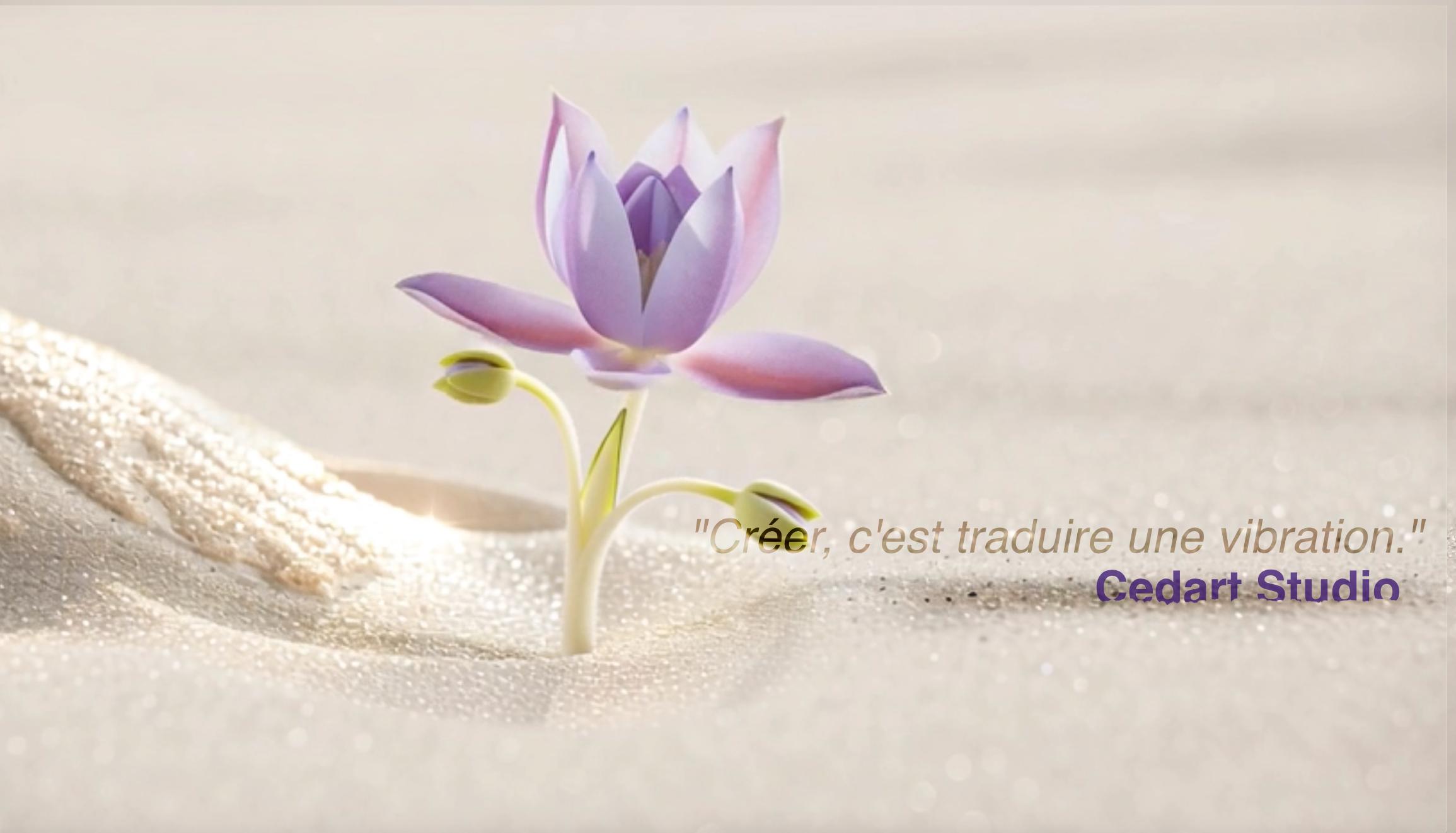 Fleur violette éclose dans le sable clair, symbolisant la naissance, la transformation intérieure et le chemin initiatique de la paternité.