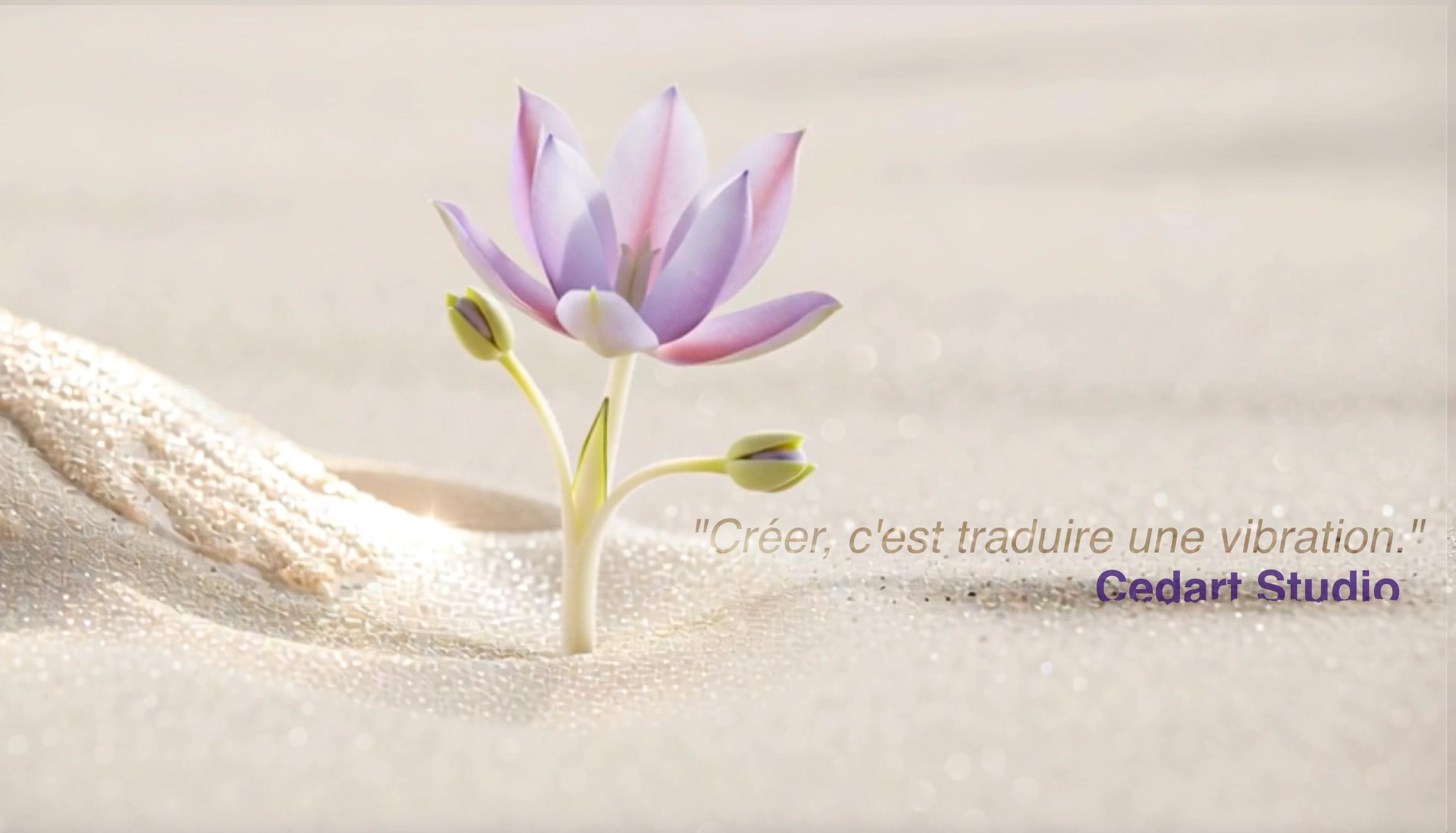 Fleur violette entièrement éclose surgissant du sable clair, symbolisant l’appel intérieur, le renouveau et le saut de foi vers une nouvelle vie.