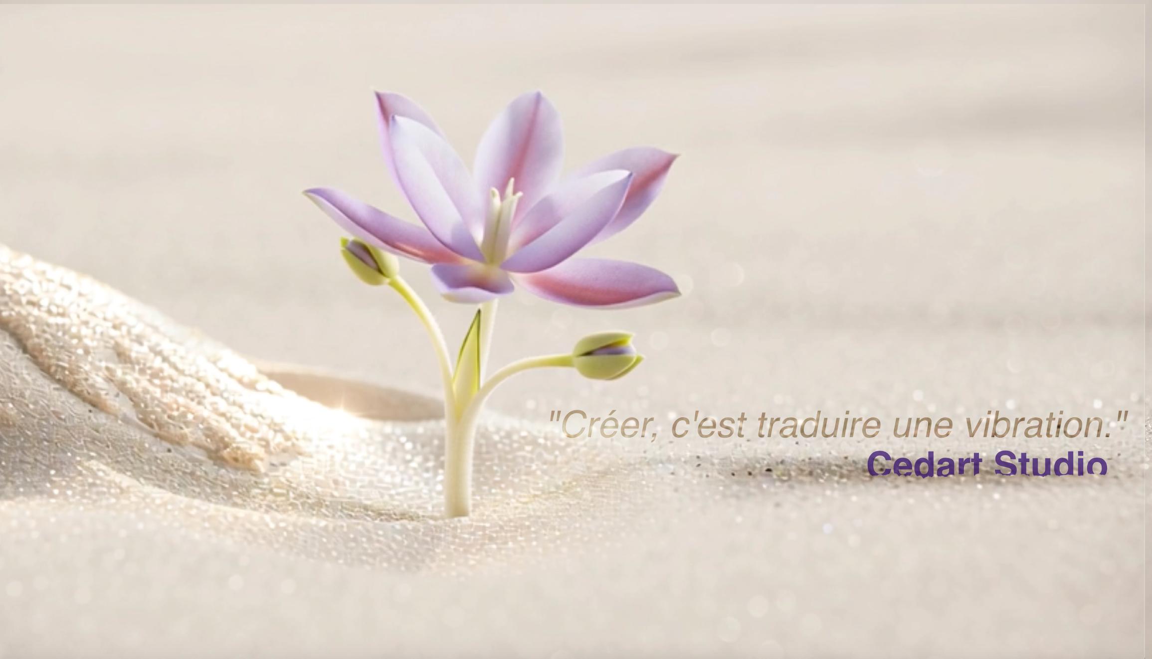 Fleur violette éclose dans le sable, symbolisant enracinement et lumière.