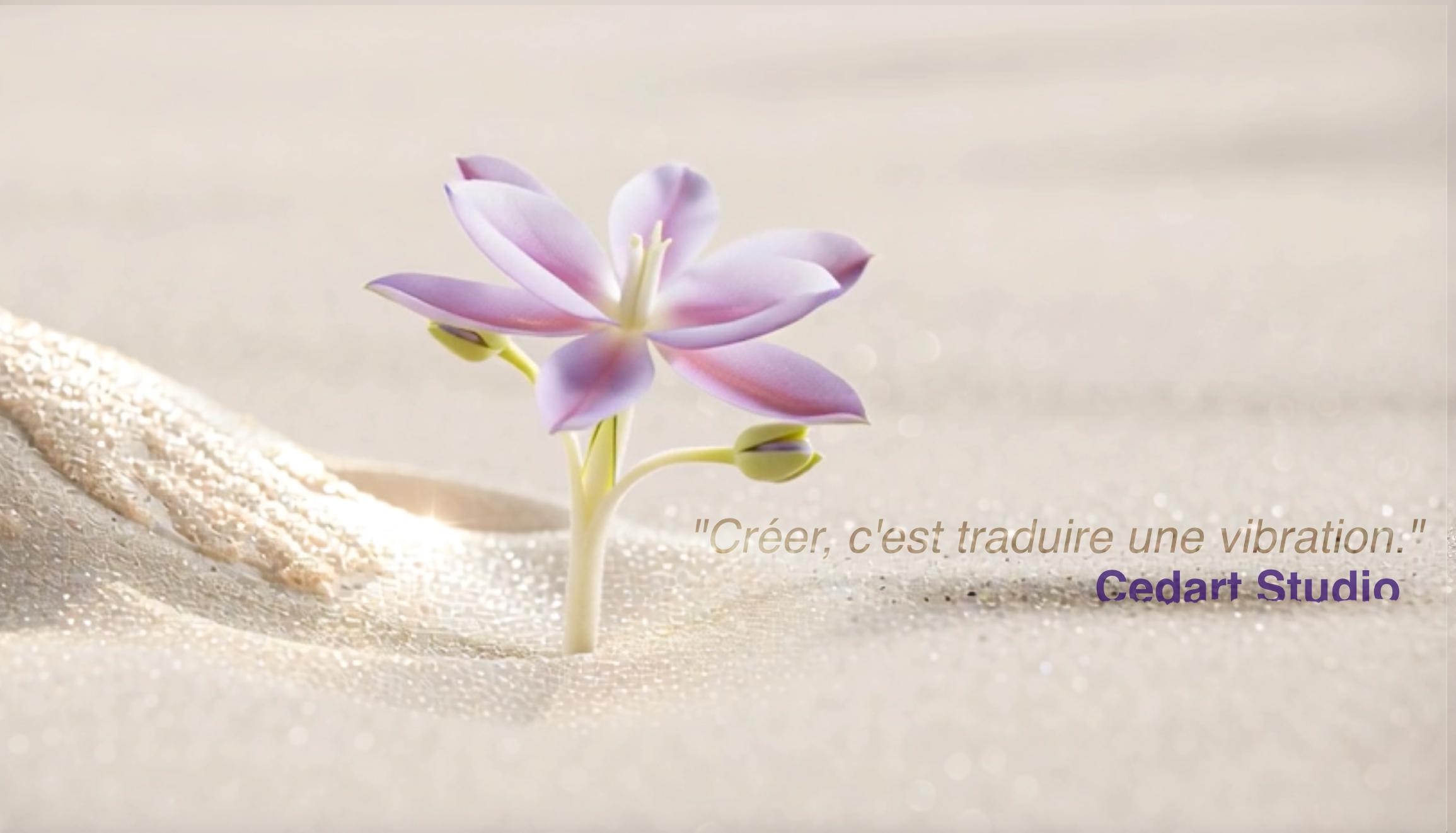 Fleur violette épanouie surgissant du sable clair, symbolisant l’émergence de Cedart Studio comme chemin d’âme et d’expression intérieure.
