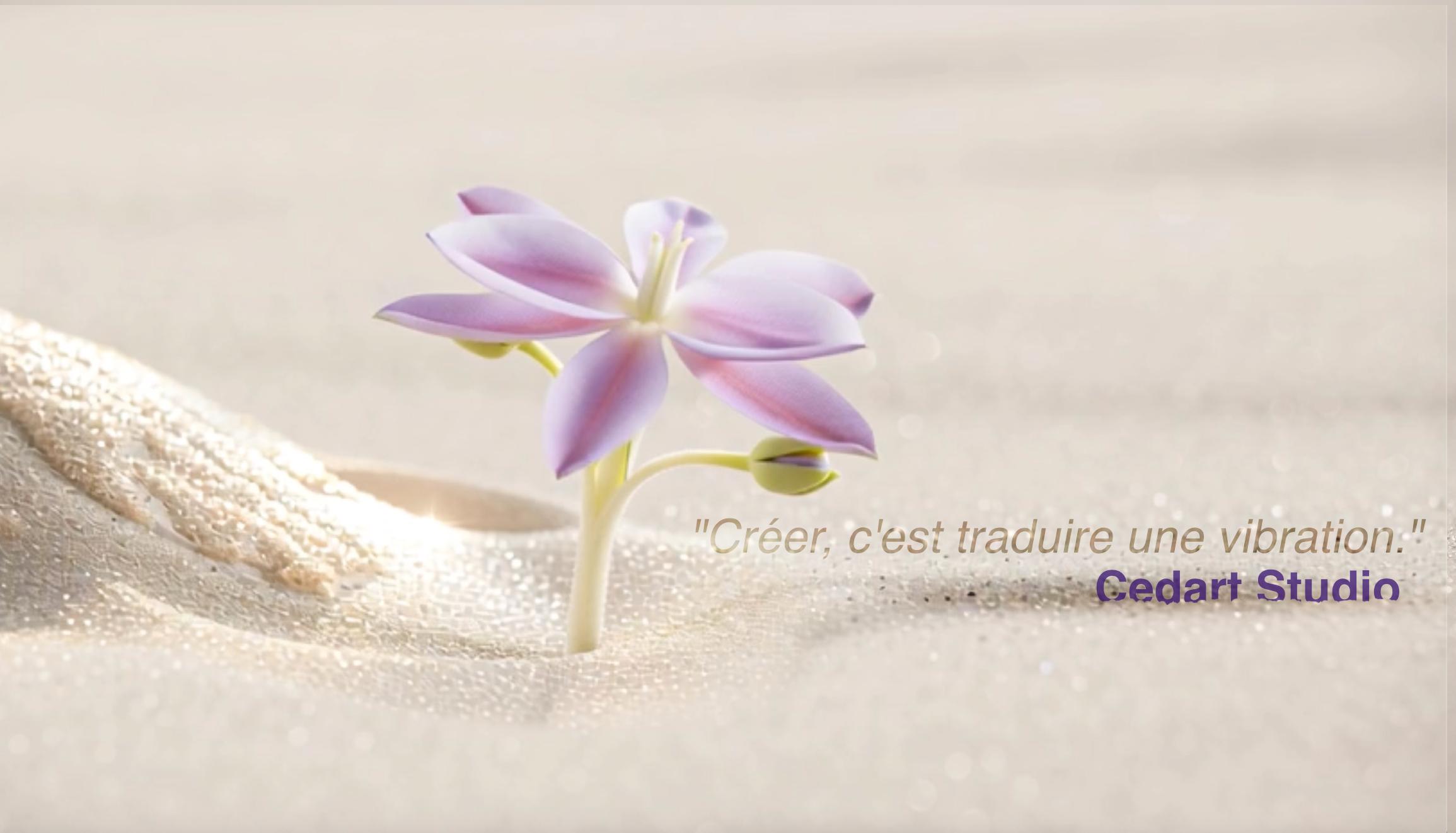 Fleur violette épanouie surgissant du sable clair, symbole de résonance intérieure et de mission créative au service des thérapeutes.