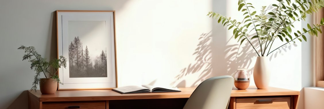 Bureau minimaliste avec plante, cadre et carnet, baigné de lumière naturelle, illustrant la clarté, la structure et la cohérence d’un univers de marque.