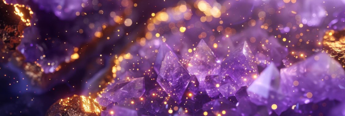 Cristaux violets lumineux aux reflets dorés, évoquant l’intuition, l’énergie et la dimension vibrante d’un univers visuel aligné.