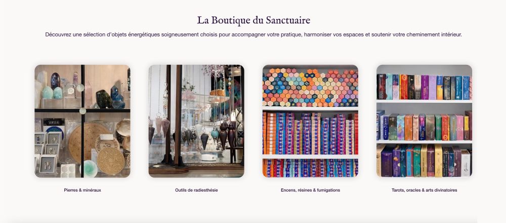 Sélection de pierres, minéraux et objets ésotériques dans la boutique du Sanctuaire des Énergies à Vannes