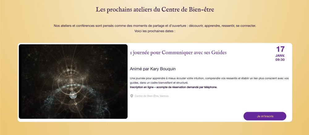 Carte d'événement d'un atelier spirituel au Centre de Bien-être du Sanctuaire des Énergies à Vannes