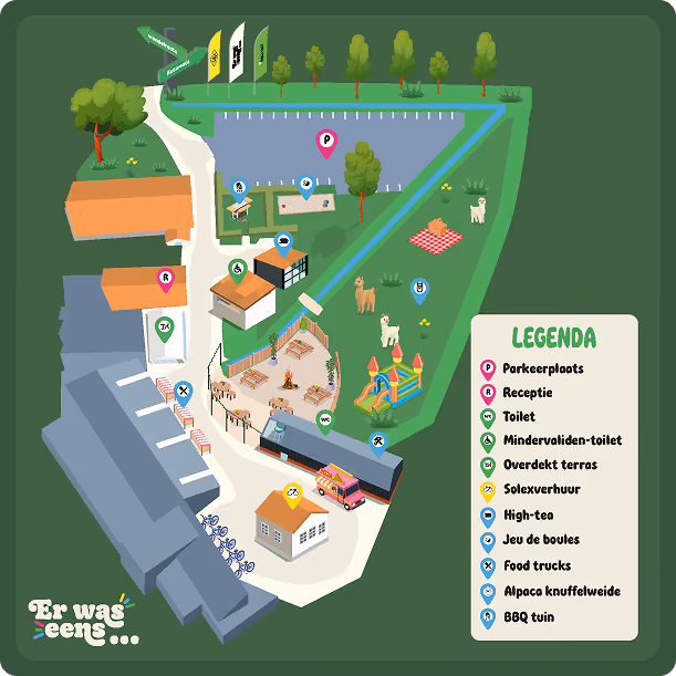 Illustratieve plattegrond van een recreatiepark met duidelijke legenda, waarop onder andere een parkeerplaats, receptie, toiletten, speeltoestellen, dierenweide, horecagelegenheden en sportveld te zien zijn.