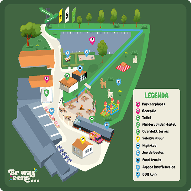 Illustratieve plattegrond van een recreatiepark met duidelijke legenda, waarop onder andere een parkeerplaats, receptie, toiletten, speeltoestellen, dierenweide, horecagelegenheden en sportveld te zien zijn.