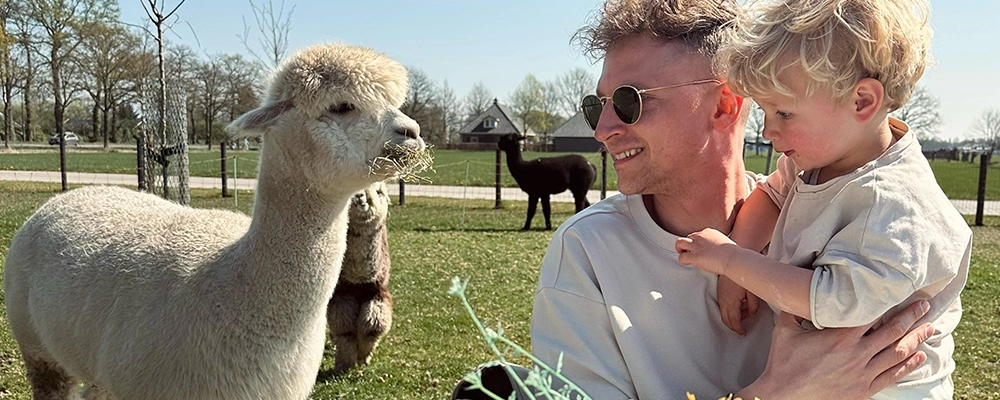 Vader met zijn jonge zoon op schoot zit aan een picknicktafel met ontbijt, terwijl een nieuwsgierige alpaca vlakbij komt kijken op een zonnige dag in een weiland.
